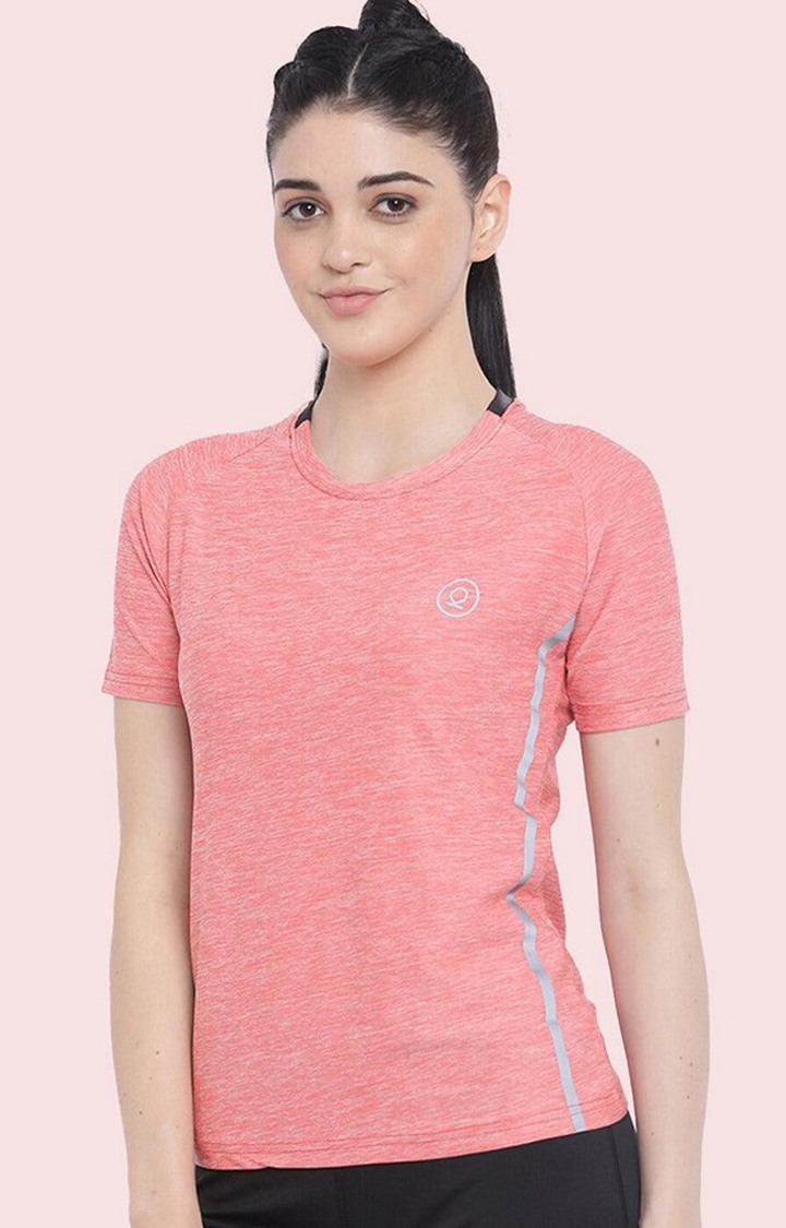 Women's Pink Melange Textured Polyester Activewear T-Shirt