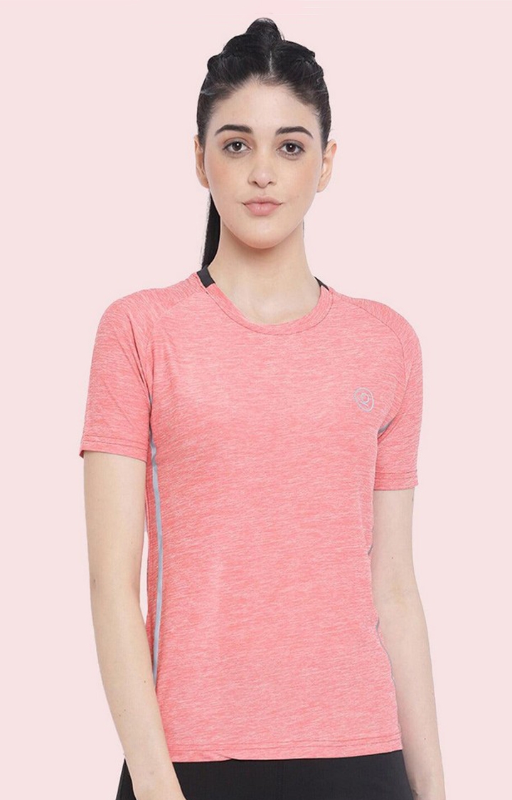 CHKOKKO | Women's Pink Melange Textured Polyester Activewear T-Shirt