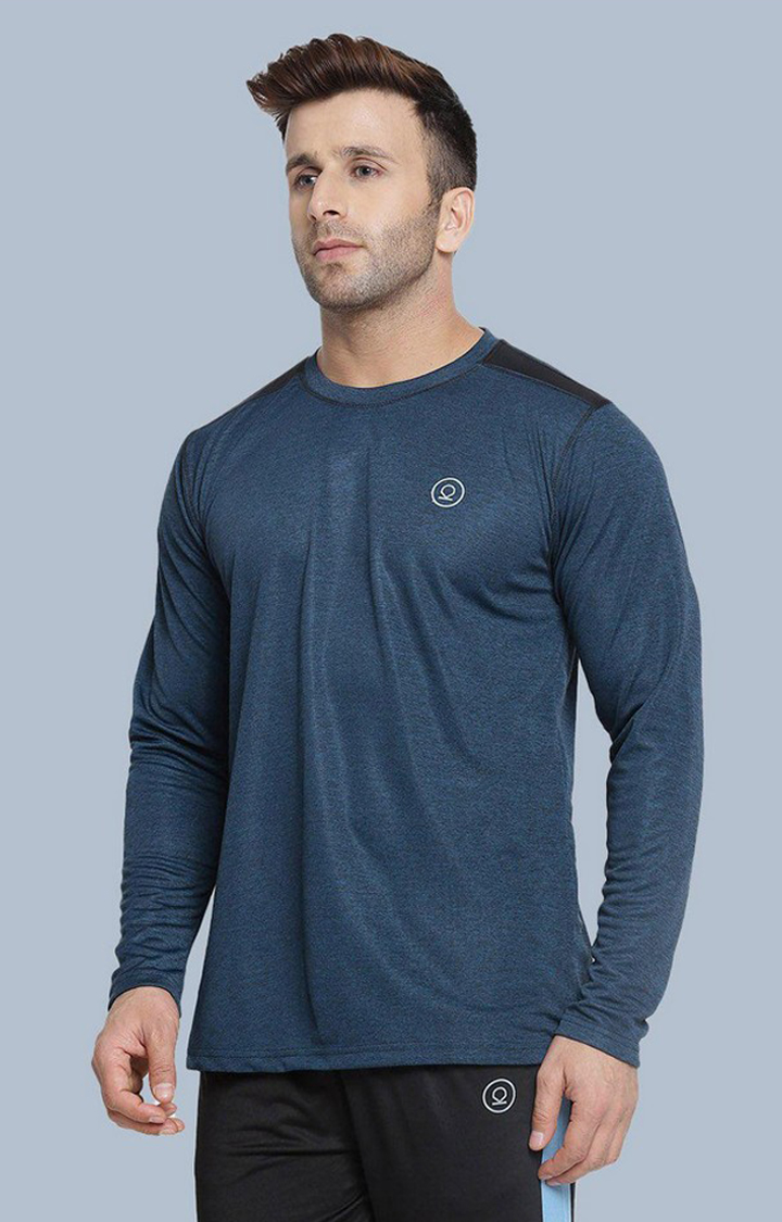 Men's Blue Melange Textured Polyester Activewear T-Shirt