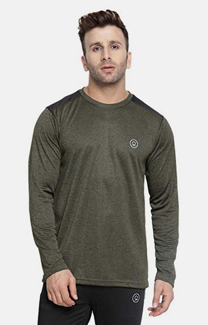 CHKOKKO | Men's Olive Green Melange Textured Polyester Activewear T-Shirt