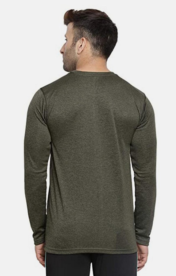 Men's Olive Green Melange Textured Polyester Activewear T-Shirt