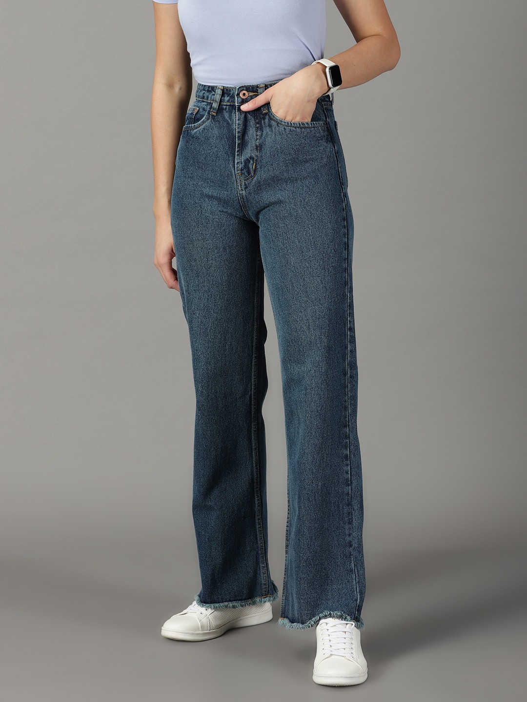 SHOWOFF Women's Stretchable Clean Look Blue Wide Leg Jeans