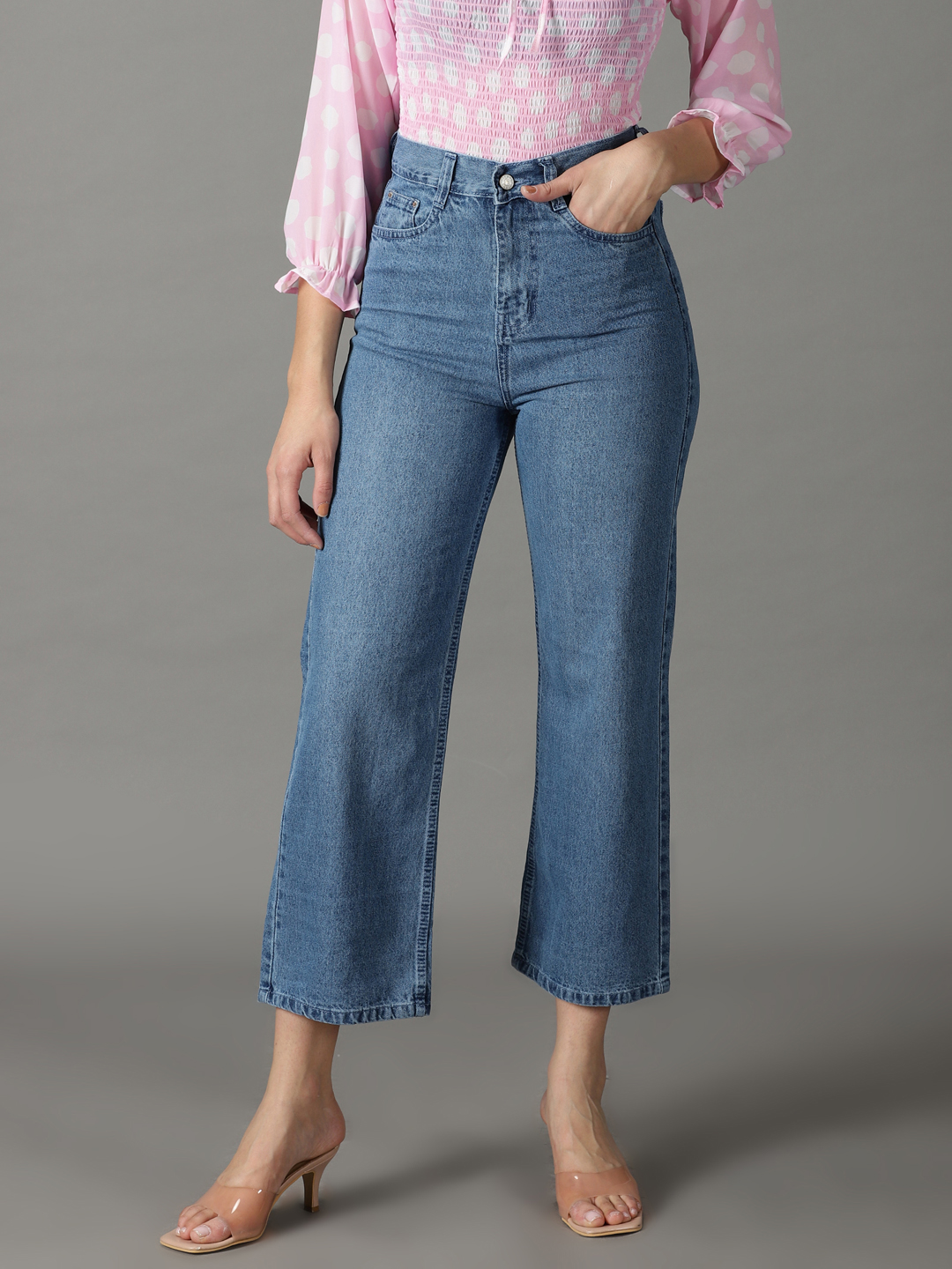 SHOWOFF Women Blue Solid  Wide Leg Jeans