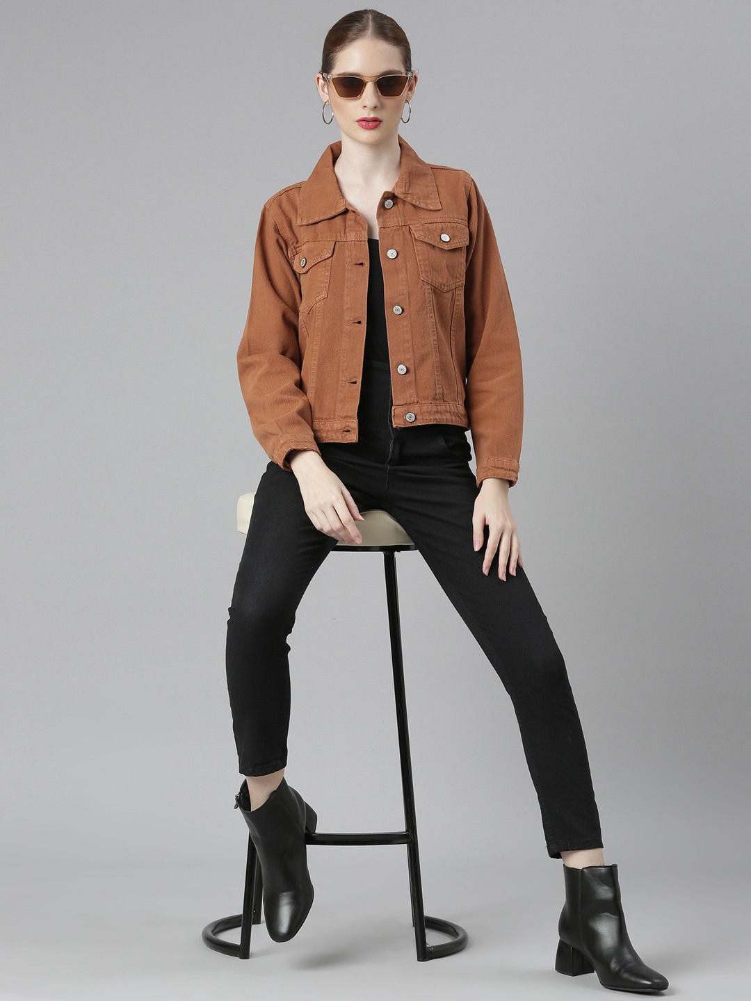 Women s Camel Brown Solid Denim Jacket