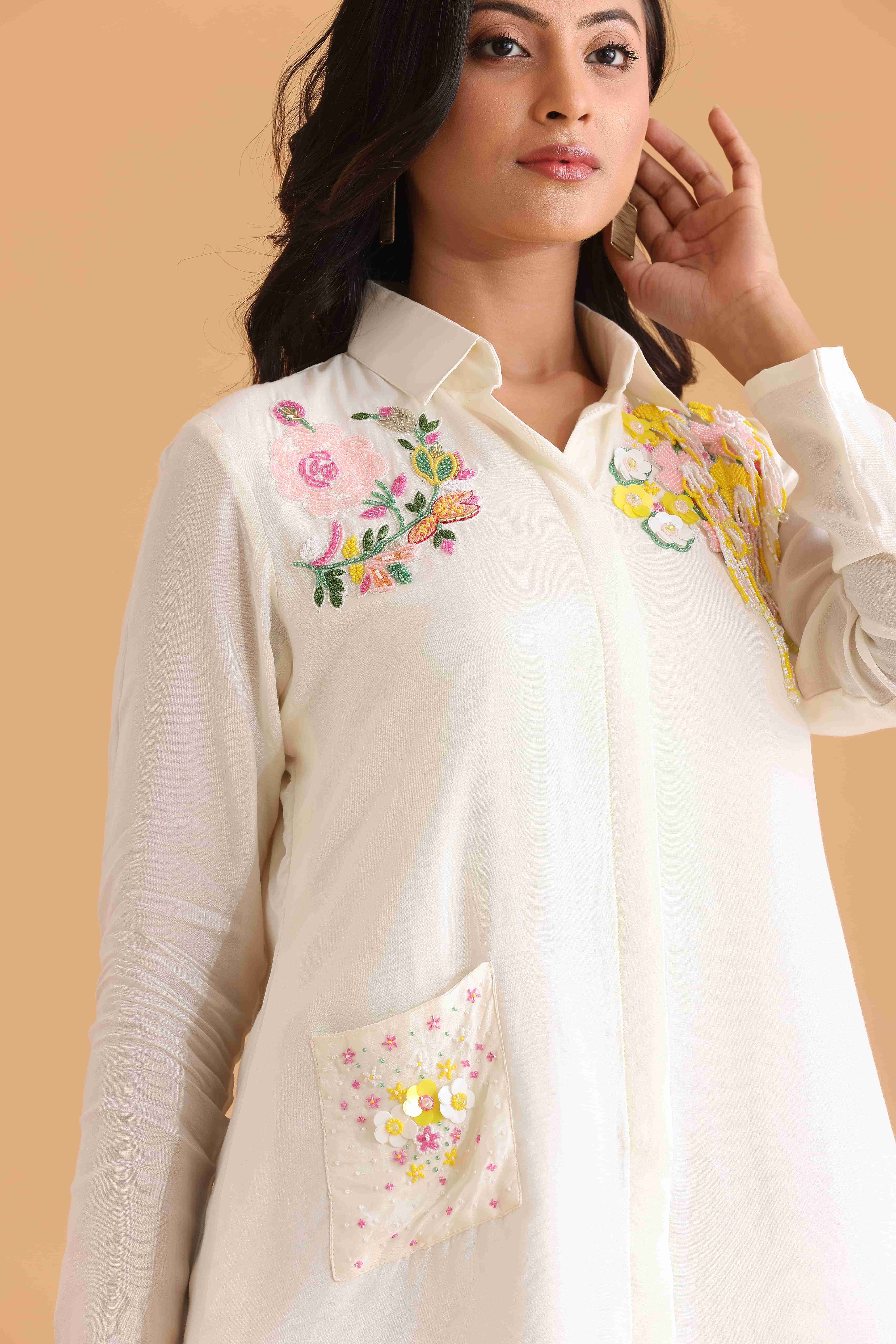 Ivory Floral Embroidered Tunic Shirt