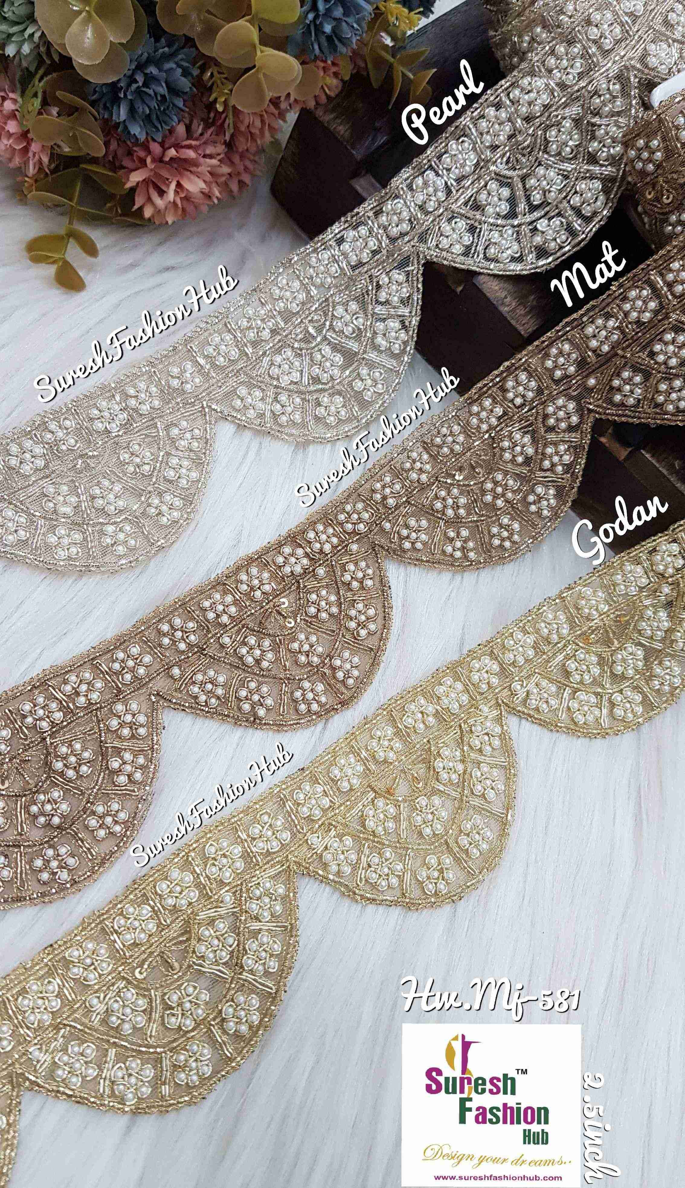 Gold Zardosi Blossom Net Scallop Lace with Pearls: