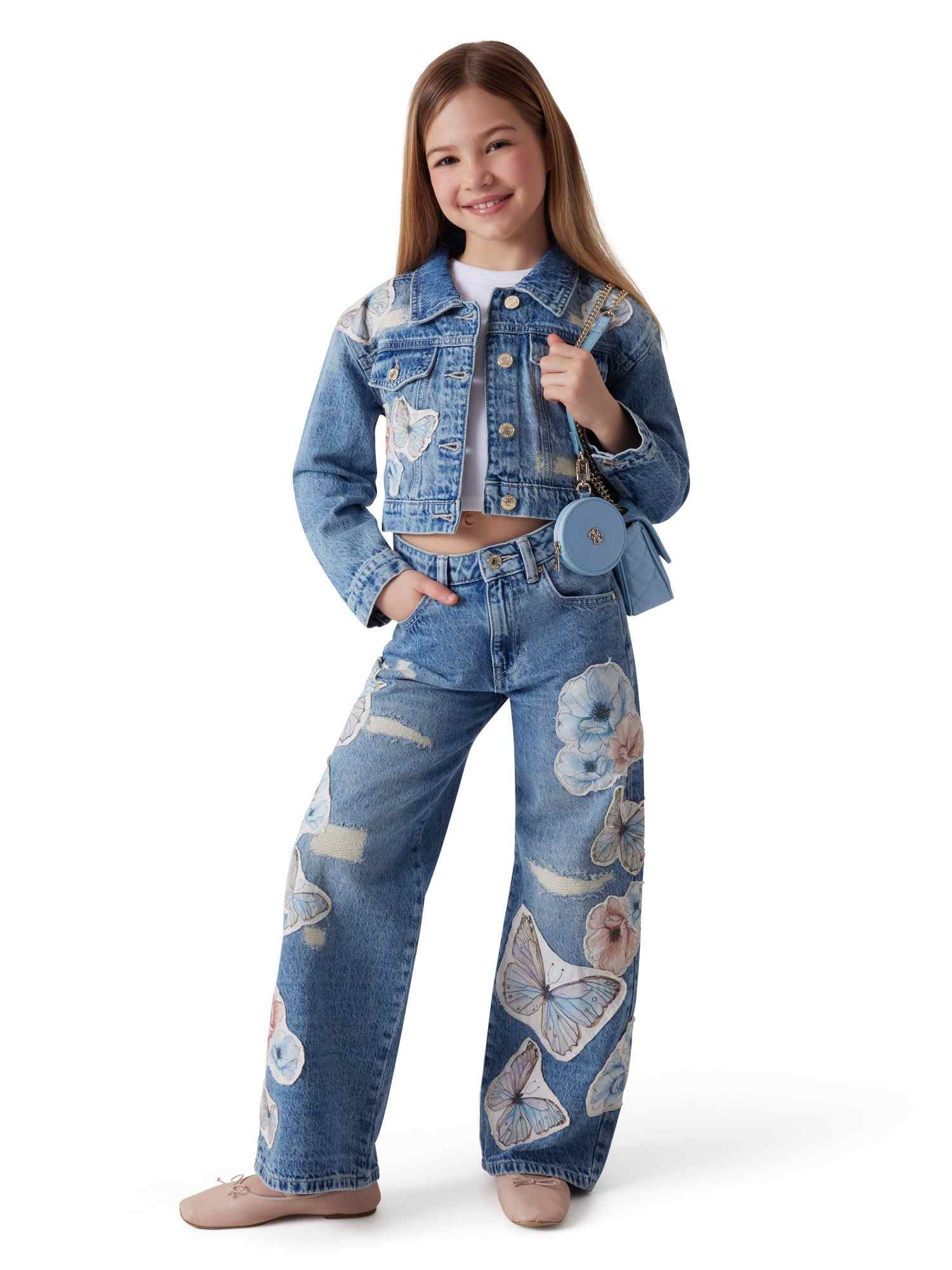 Guess Blue Cotton Print Girls Jeans