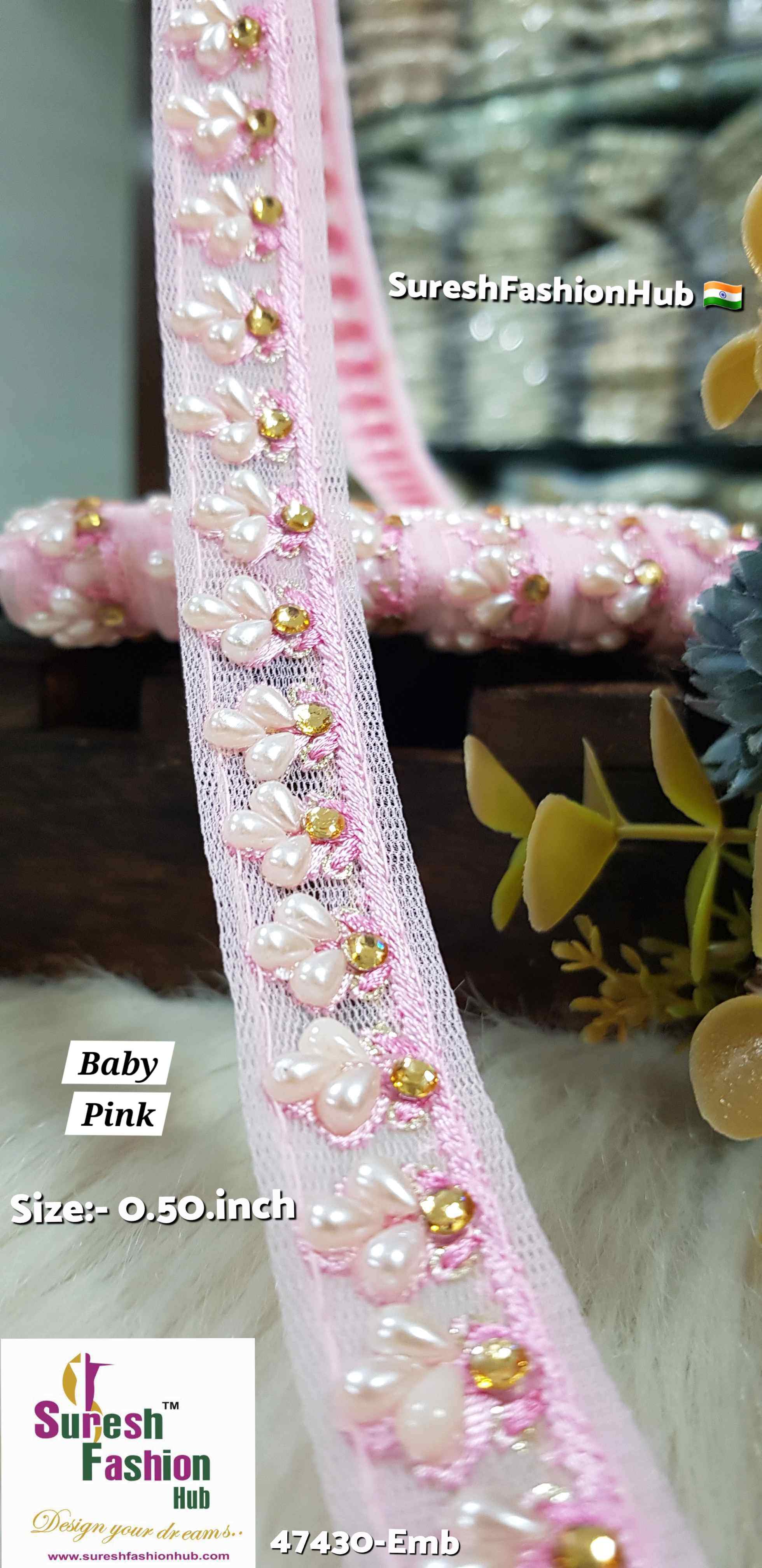 LuxeGlimmer Embroidered Trim - Baby Pink Color