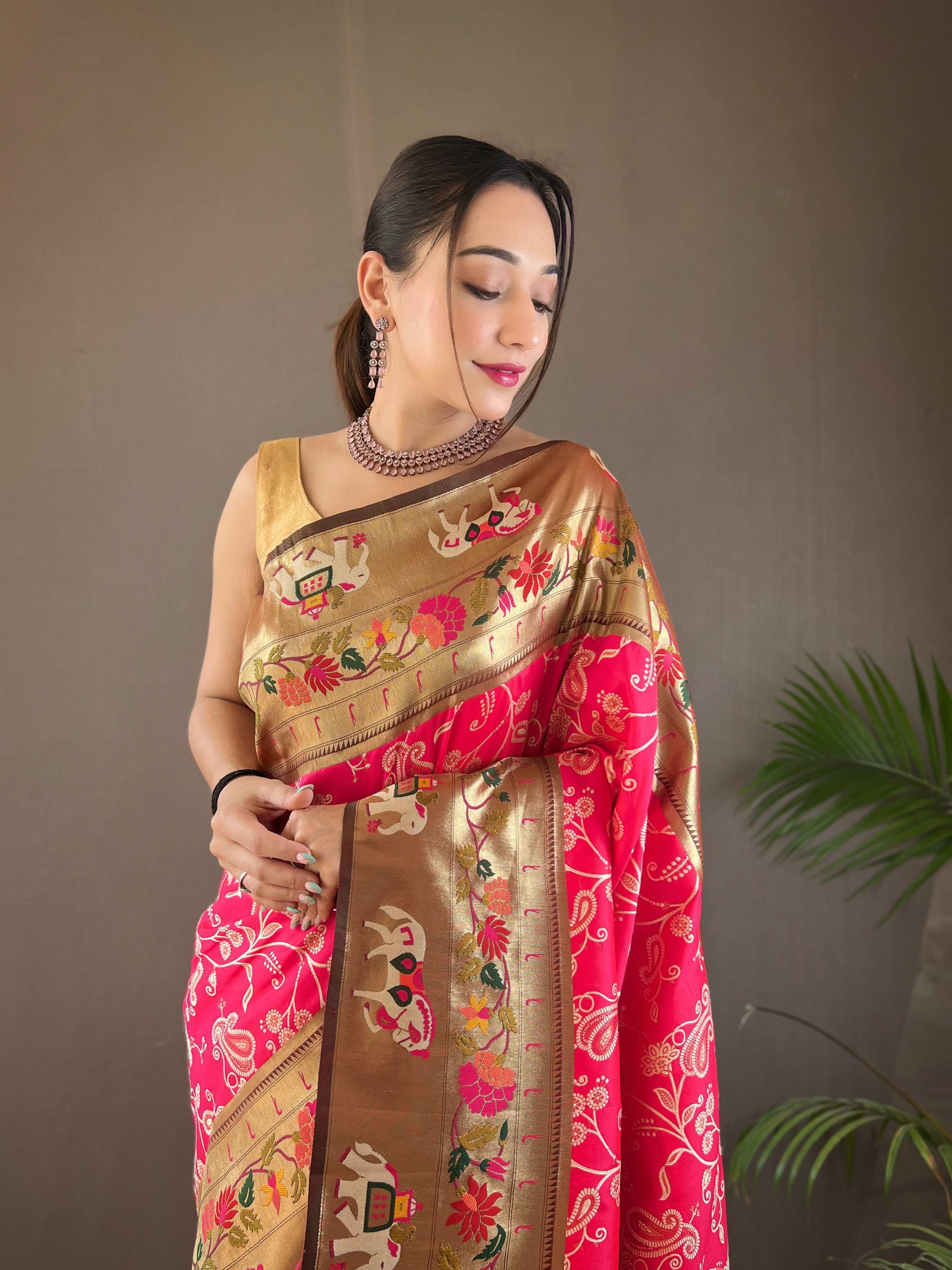 Tasarika Women Silk Gold zari rich Meenakari pallu Pink Saree Godavari_Pink