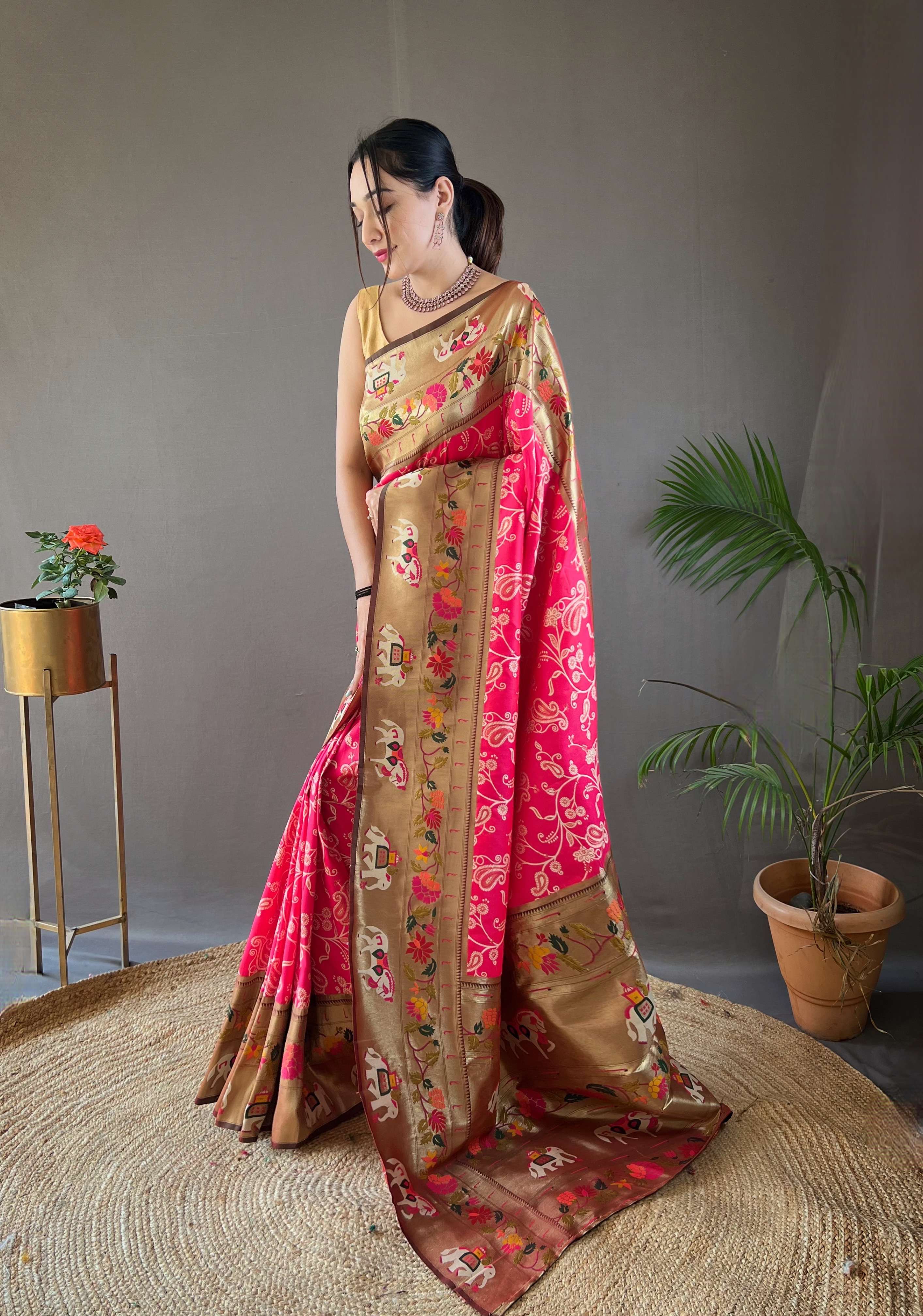 Tasarika Women Silk Gold zari rich Meenakari pallu Pink Saree Godavari_Pink
