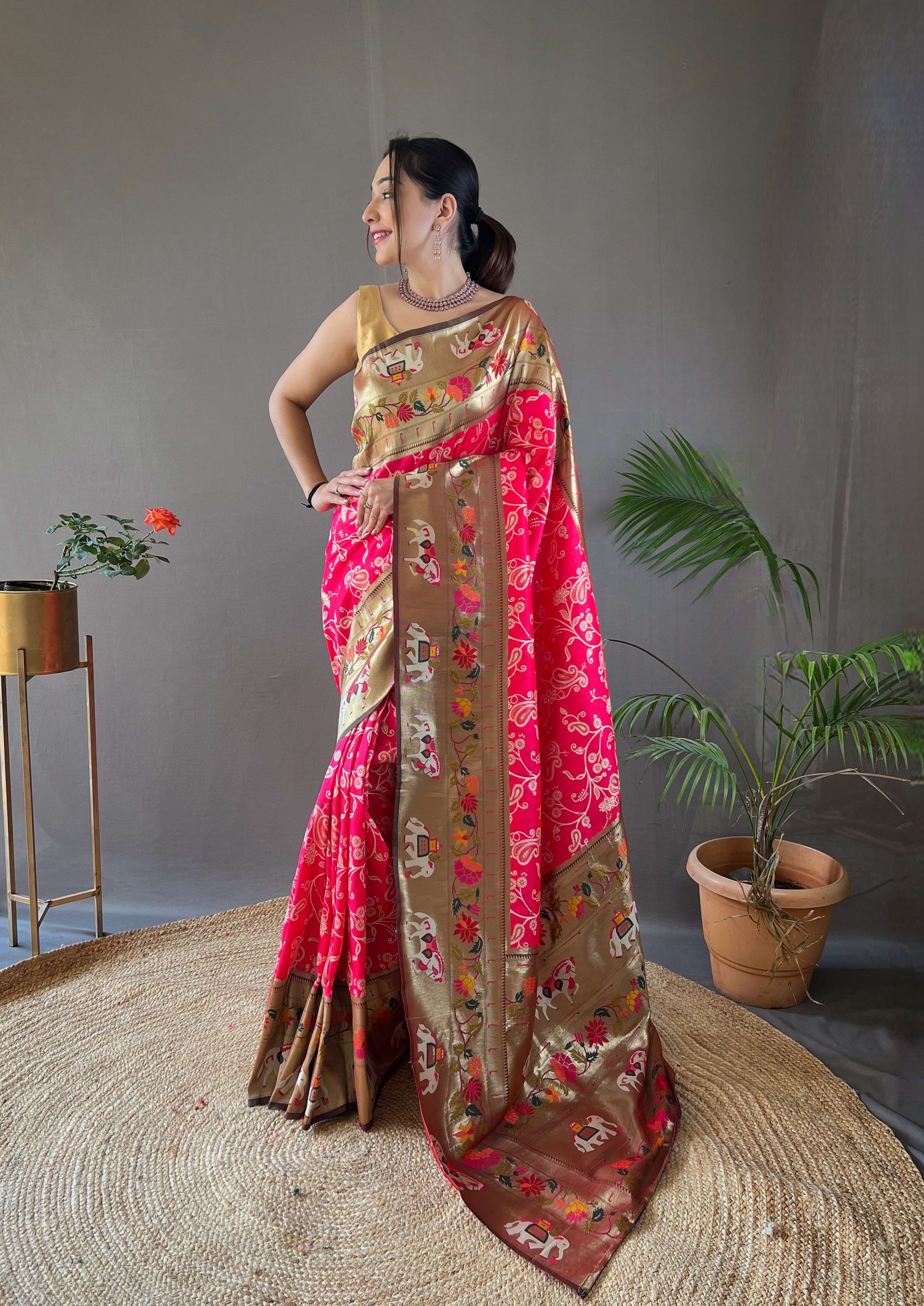 Tasarika Women Silk Gold zari rich Meenakari pallu Pink Saree Godavari_Pink