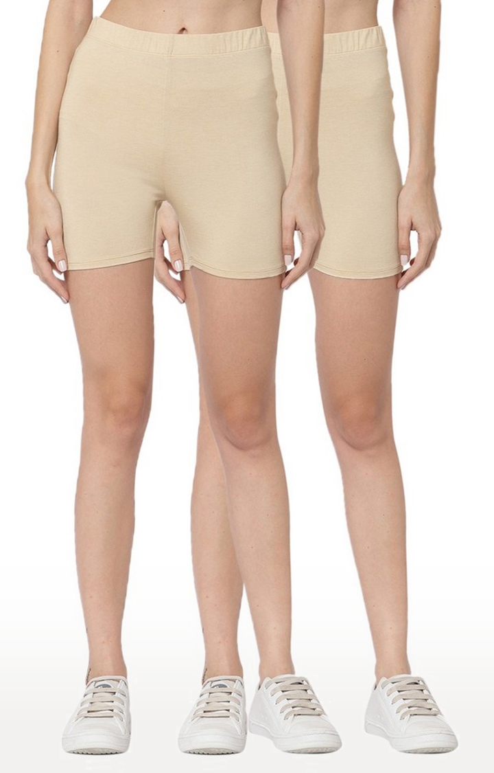 Women's Nude Lycra Solid Shorts(Pack of 2)