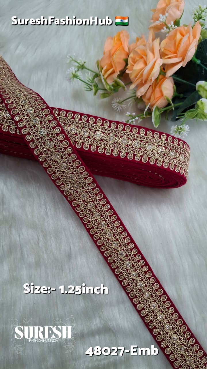 Maroon Floral Velvet Dori Sequin Lace – 48027-Emb