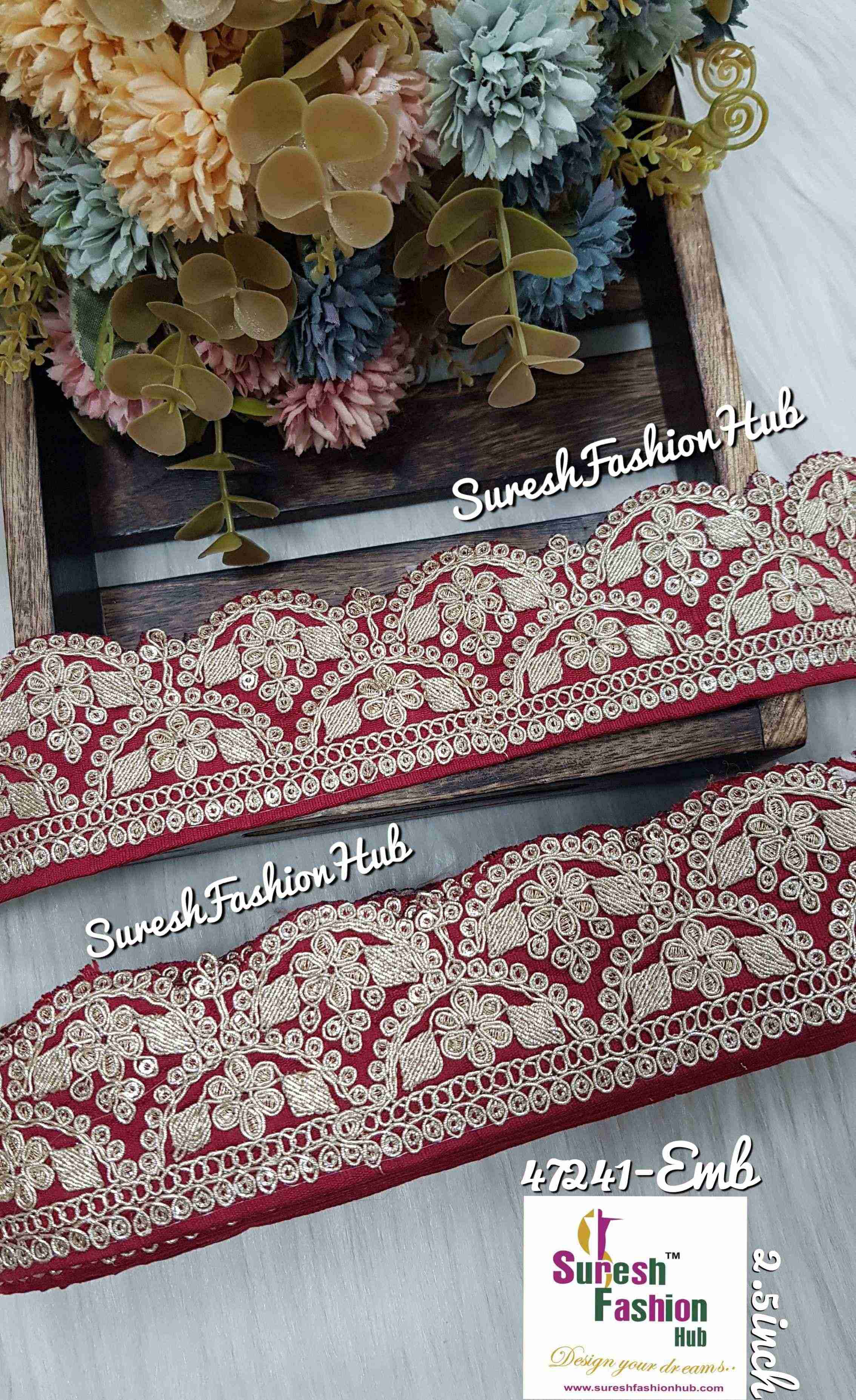 Maroon Pearl Dori Scalloped Cutwork Lace