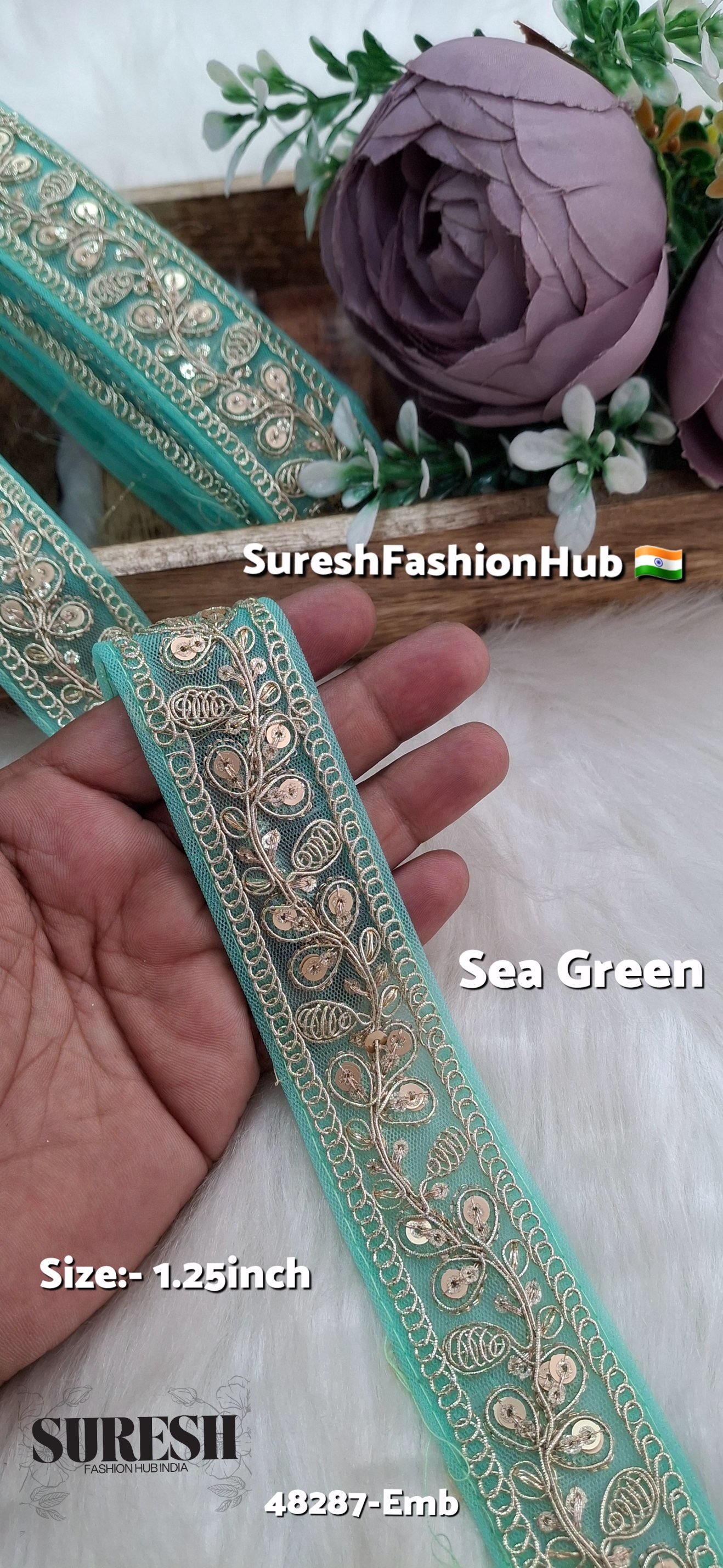 Sea Green Pearl Dori Zari Embroidery Border Lace