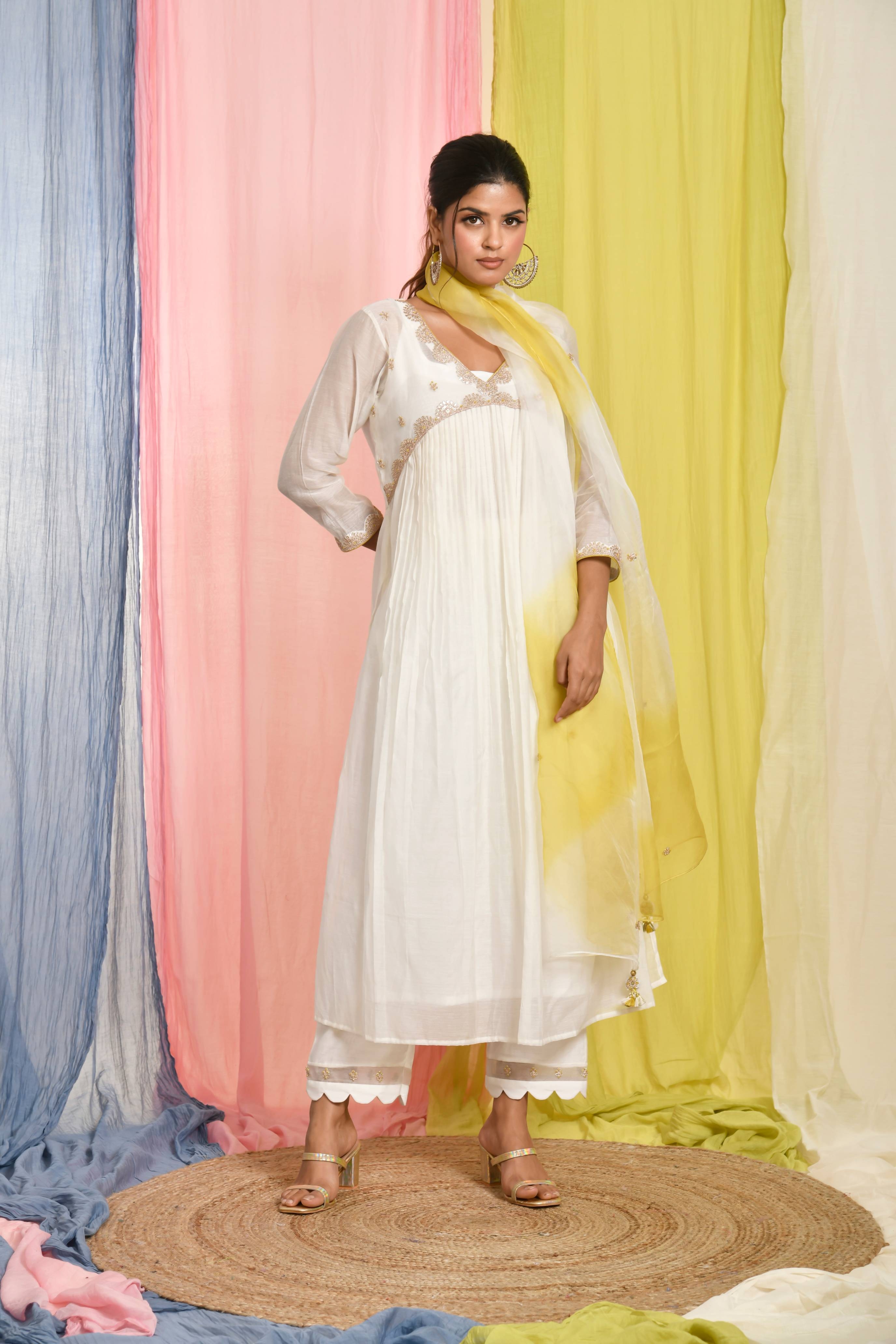 White V-Neck Chanderi Dress With Yellow Piping & Gota work