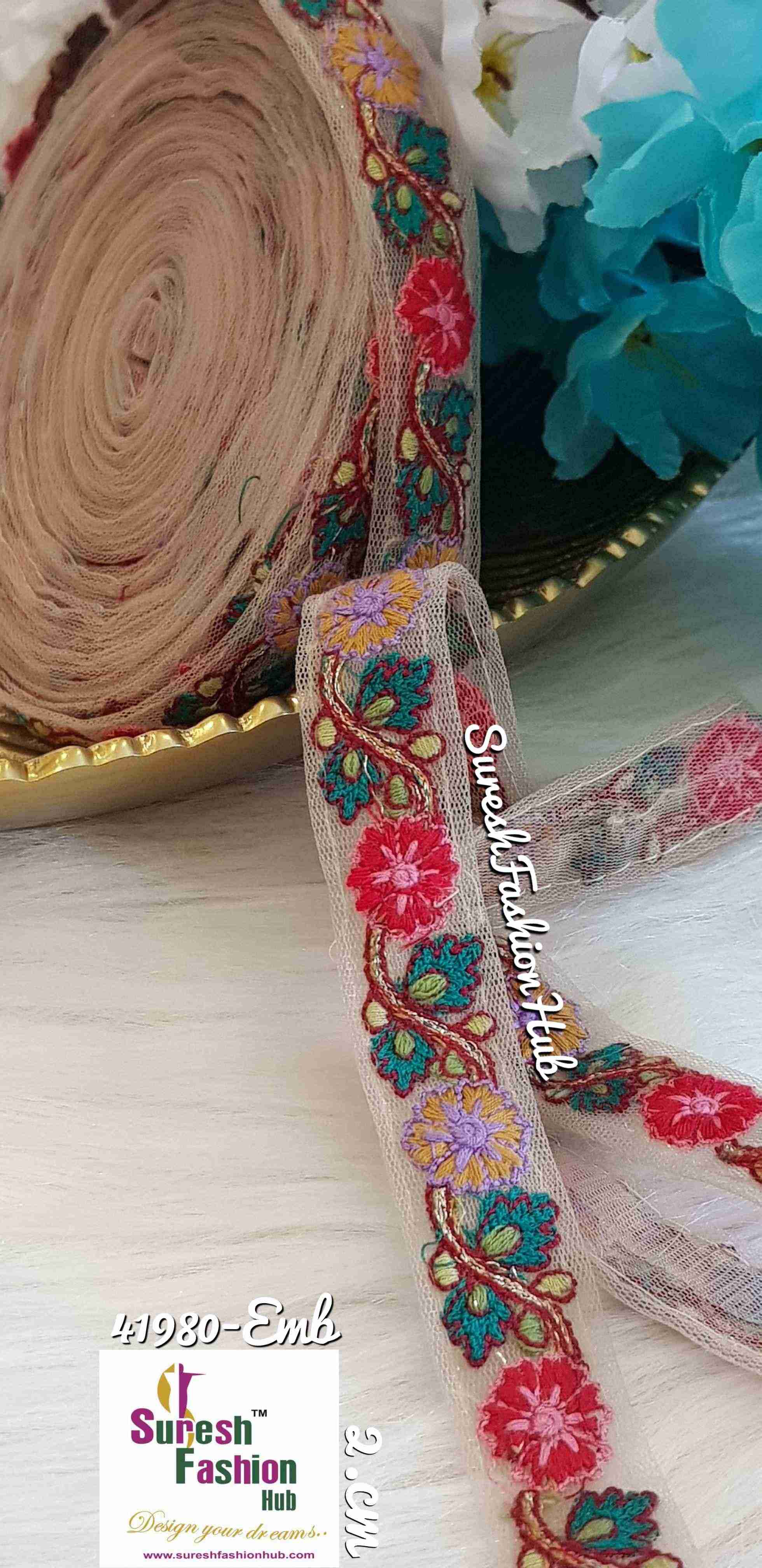 Mesh Beauty Red & Mustard Yellow Flowers Thin Ribbon