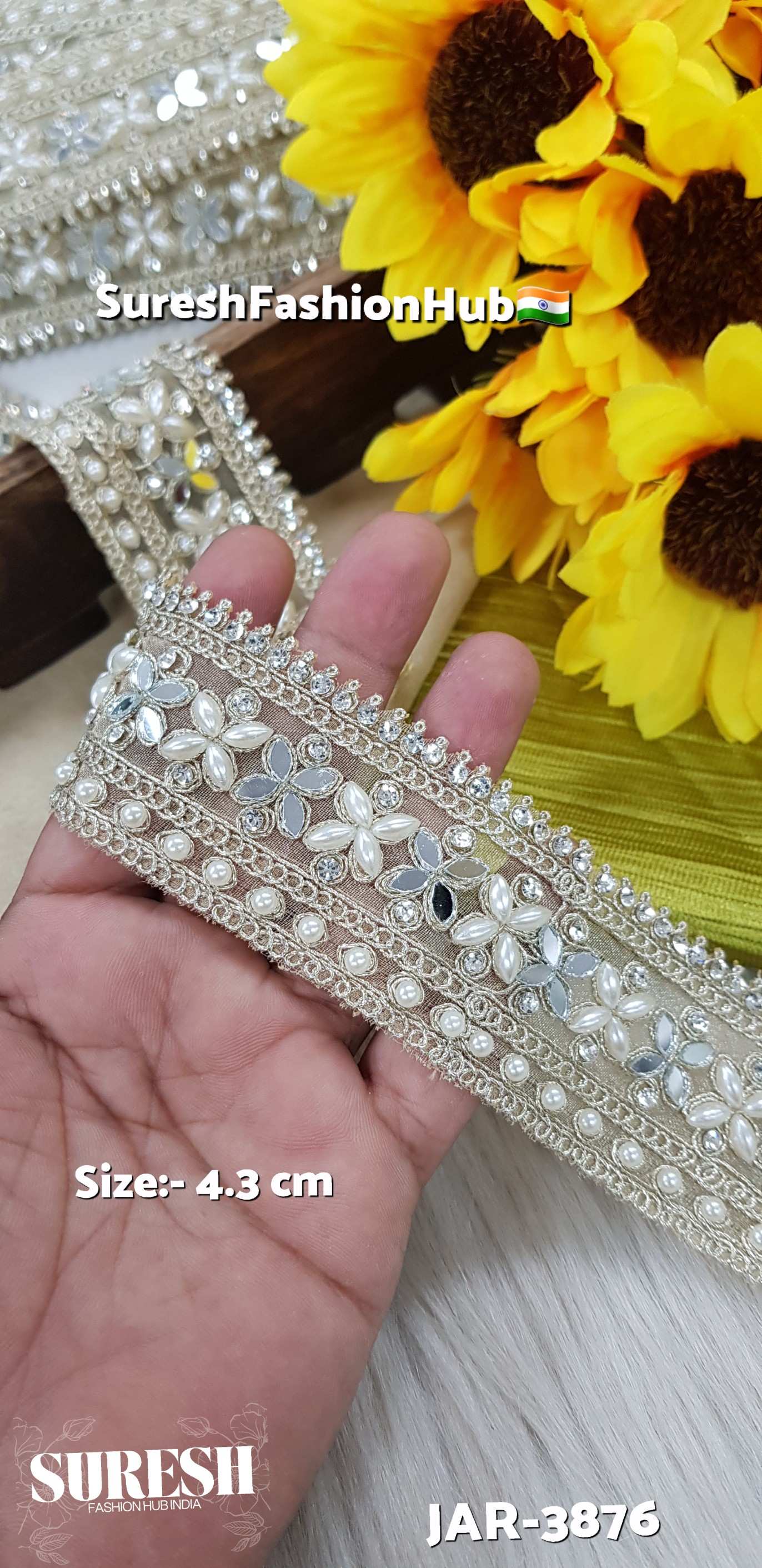 Light Gold Pearl Mirror Diamond Cutwork Lace