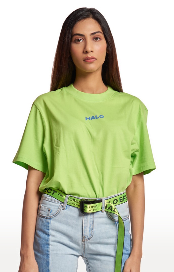 Halo Effect | Women's Green Cotton Typographic Oversized T-Shirts