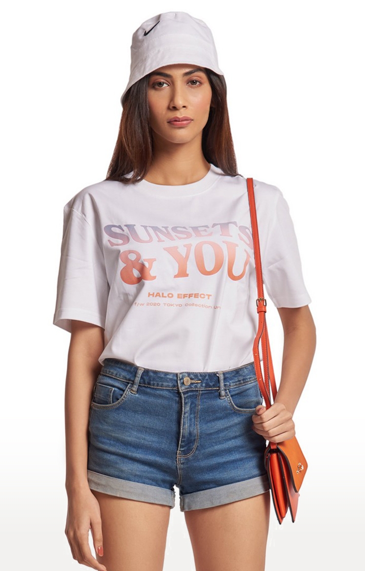 Halo Effect | Women's White Cotton Typographic Oversized T-Shirts