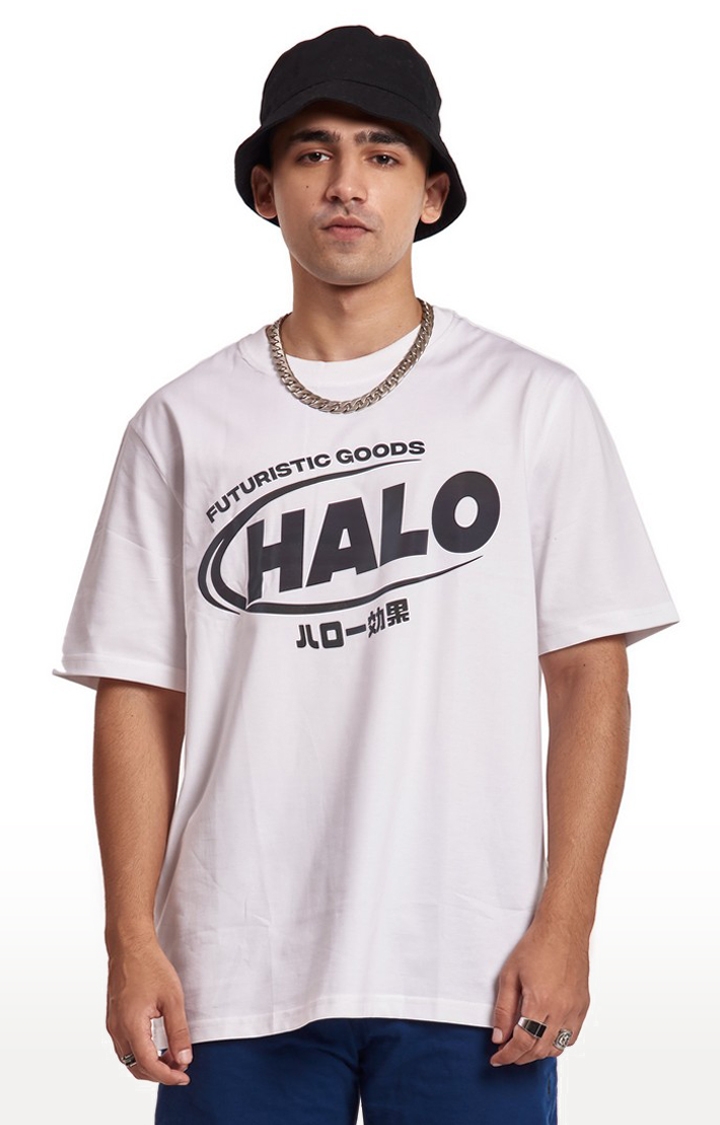 Halo Effect | Men's White Cotton Typographic Oversized T-Shirts