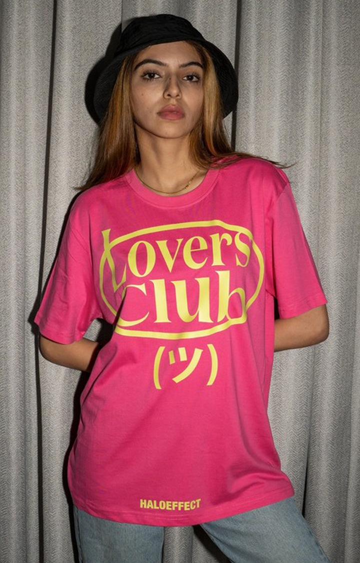 Halo Effect | Women's Pink Cotton Typographic Oversized T-Shirts