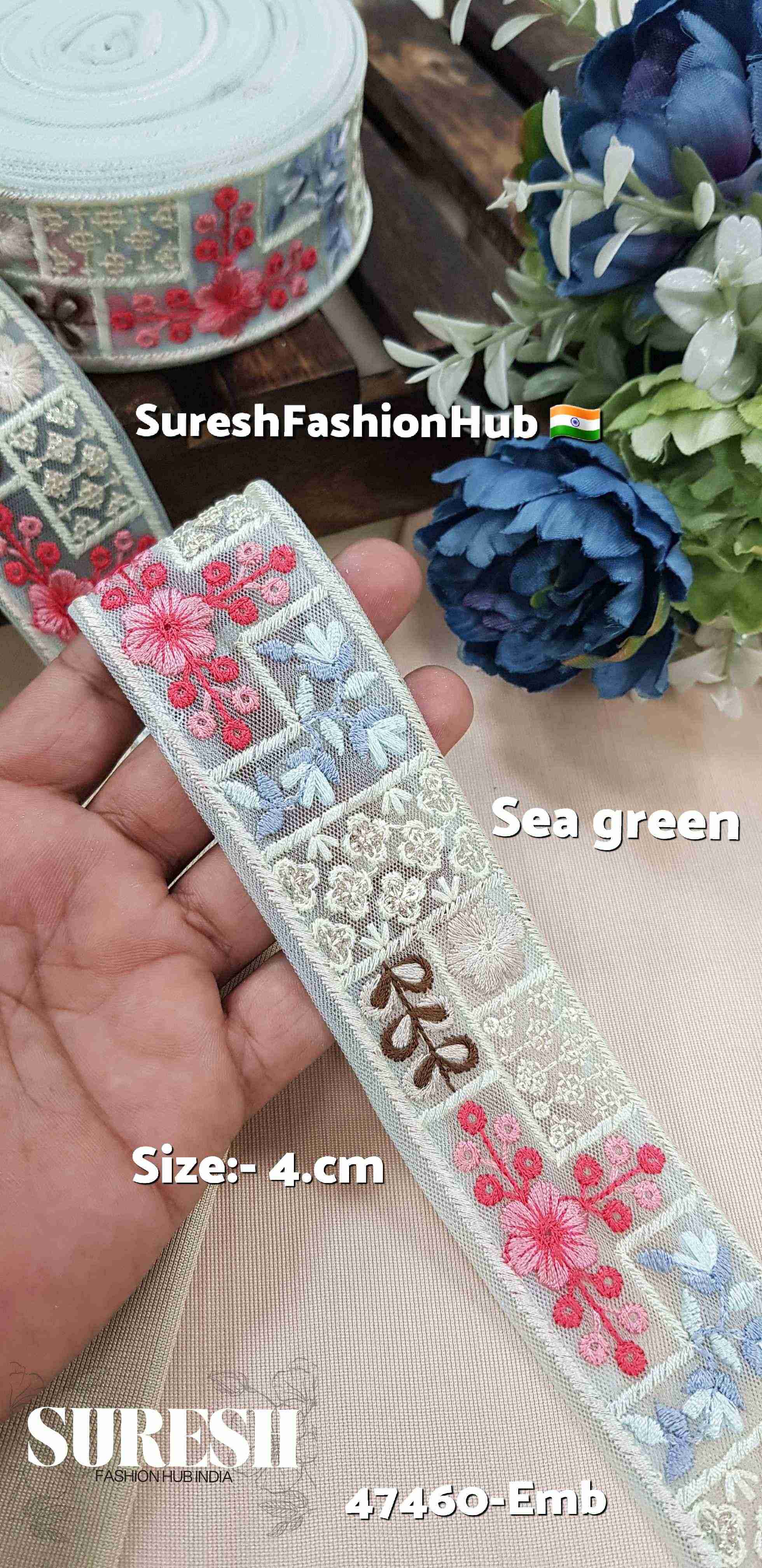 Sea Green Embroidered Floral Net Lace