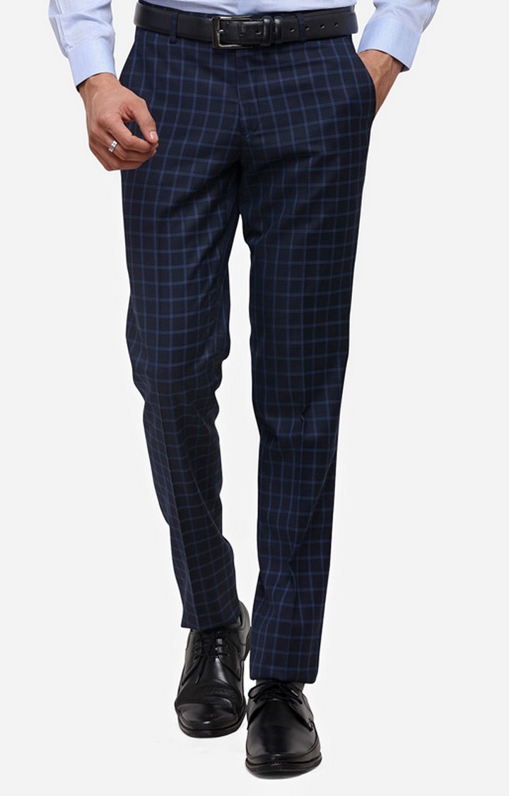 YT5/2,NAVY BLUE CHEX Men's Blue Viscose Checked Formal Trousers