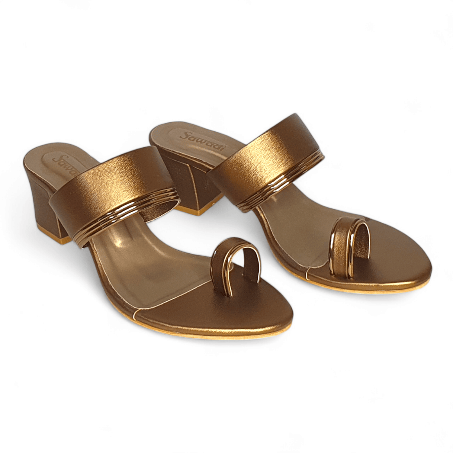 Women's Metallic Bronze Toe Ring Block Heel Sandals