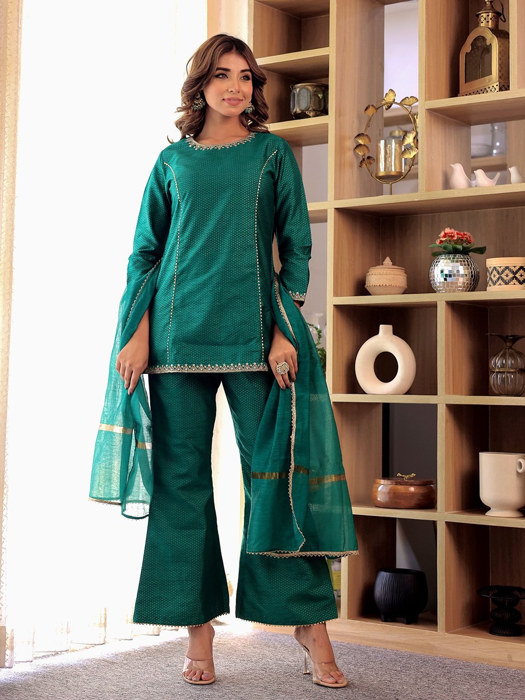 GREEN EMBROIDERED KURTA WITH BELL BOTTOM PANT & DUPATTA