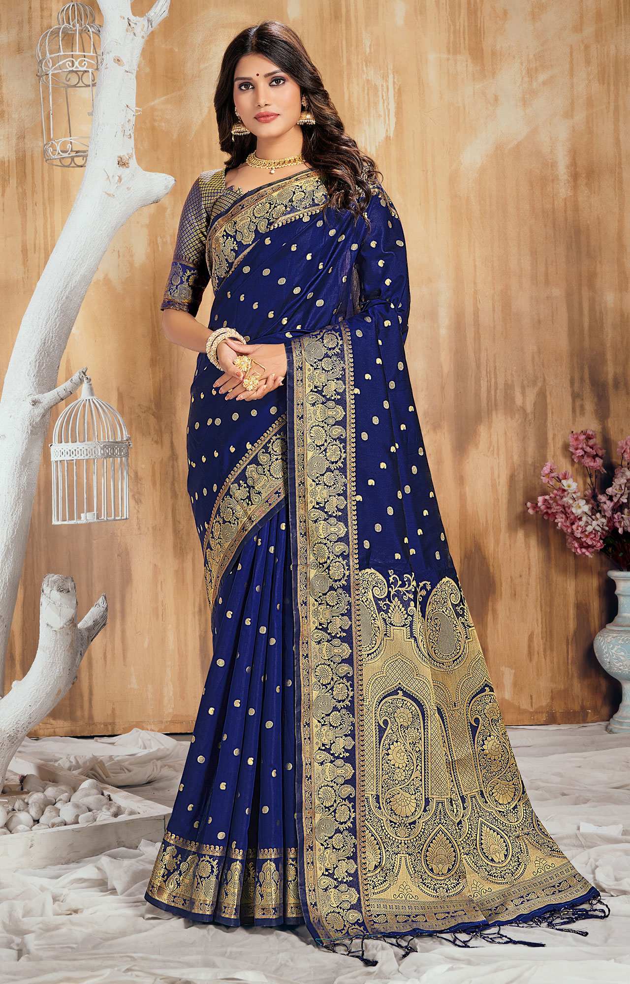 Navy blue silk saree with golden border online