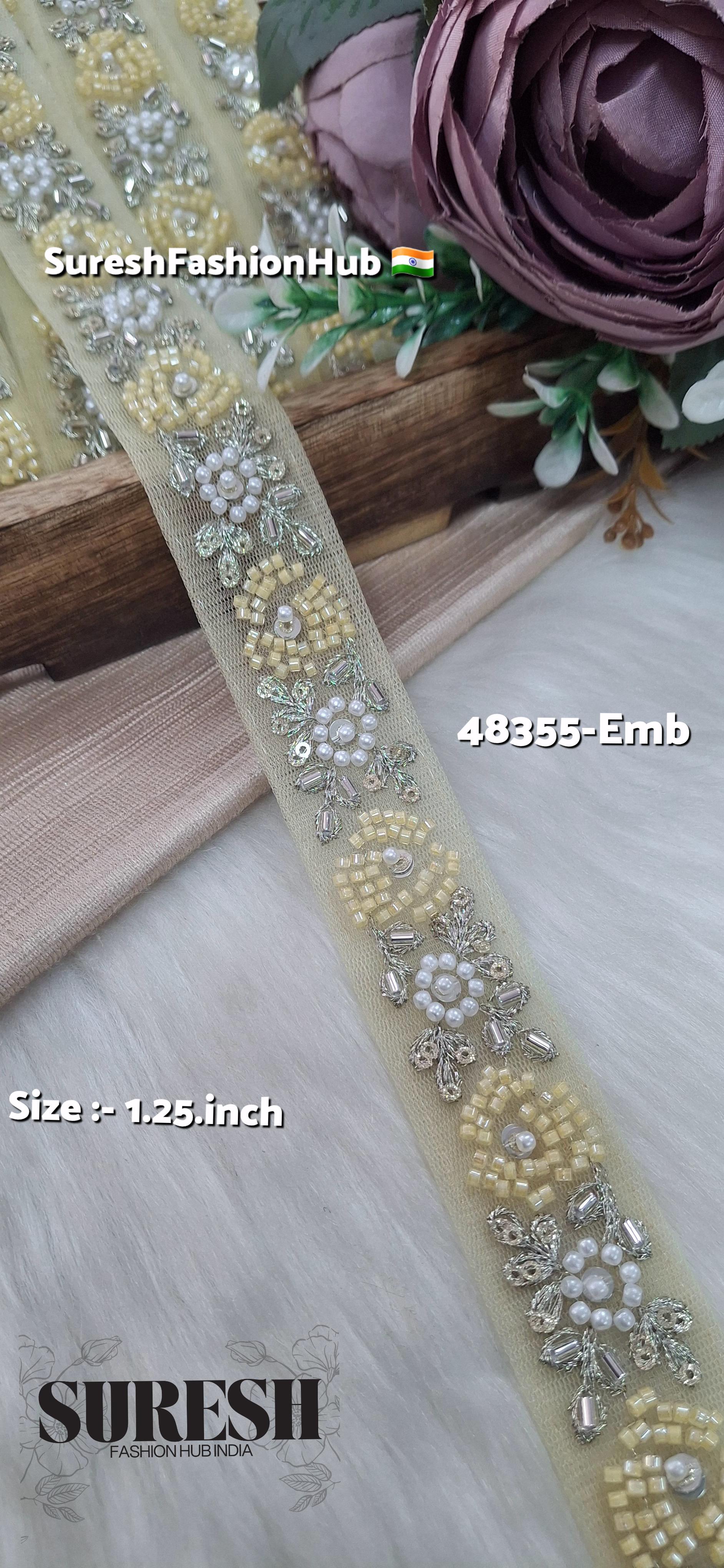 Yellow Beaded Bloom Net Embroidered Lace