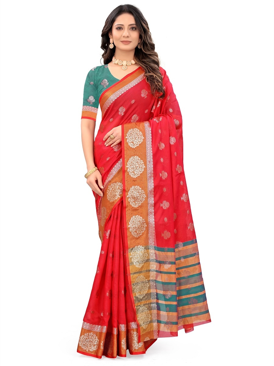 AWRIYA | AWRIYA Presents HEER red colour saree with woven work on blended_cotton fabric zari_woven designer banarasi-sarees with Blouse piece 0