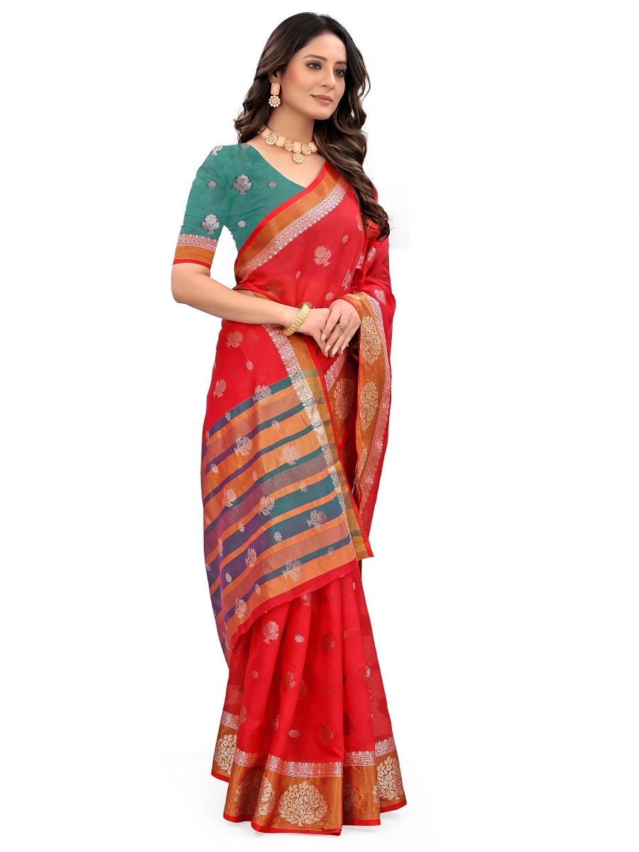 AWRIYA | AWRIYA Presents HEER red colour saree with woven work on blended_cotton fabric zari_woven designer banarasi-sarees with Blouse piece 3