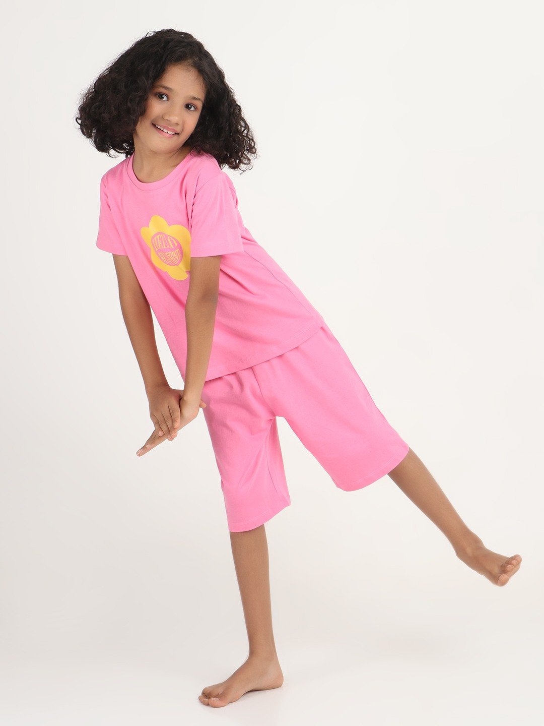 Girls 2 piece chest printed co-ord set- Pink