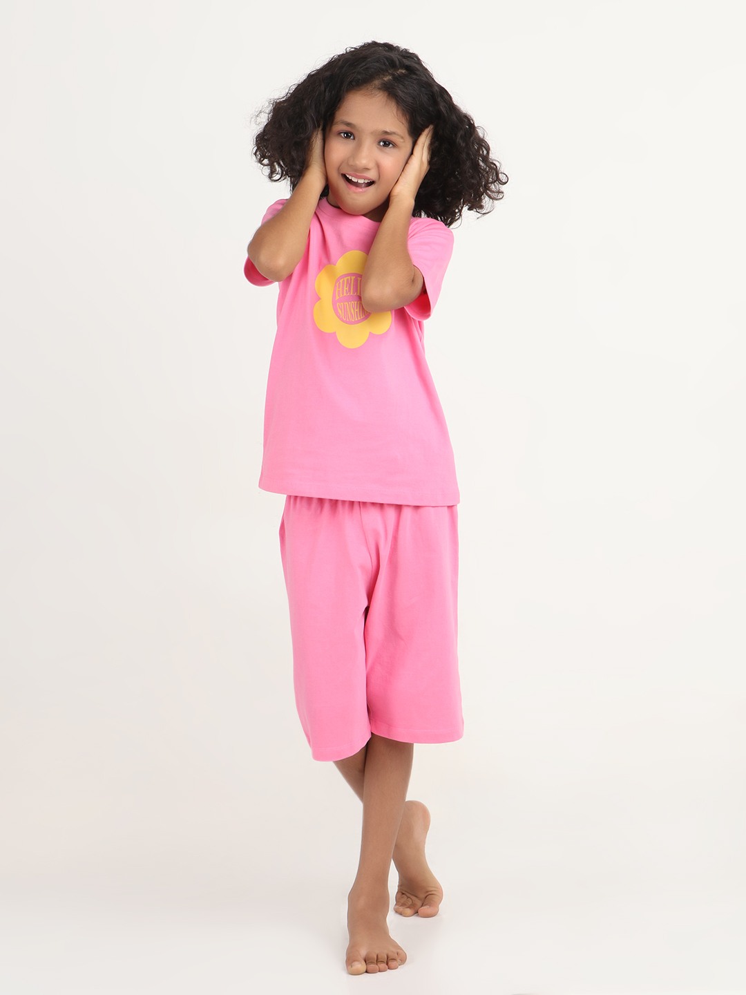 Girls 2 piece chest printed co-ord set- Pink