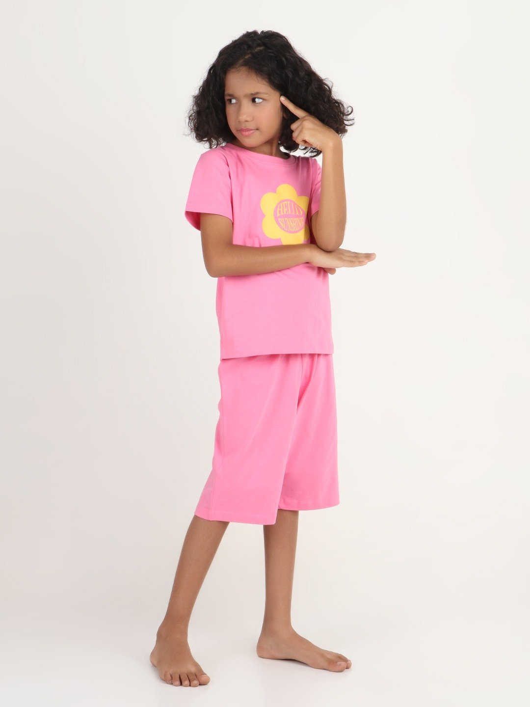 Girls 2 piece chest printed co-ord set- Pink