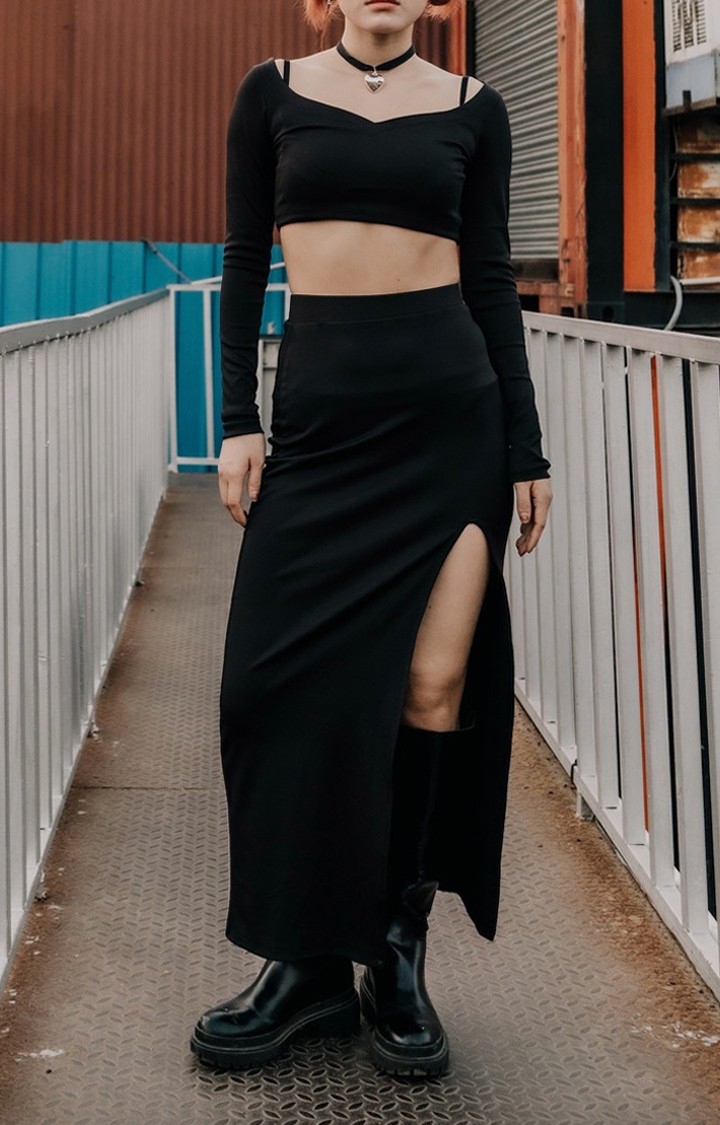 Beeglee | Women's Black High Slit Long Skirt