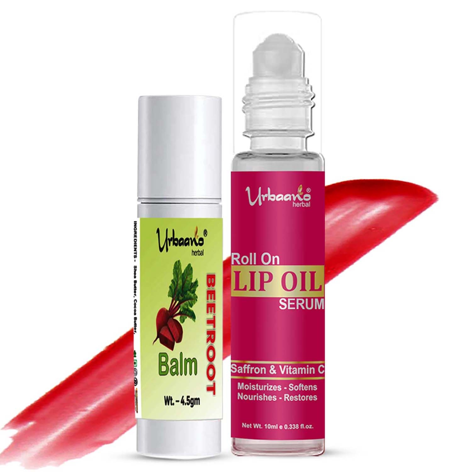 Urbaano Herbal Beetroot Lip Balm Tint  Natural Lip Oil, Serum Combo 100%  Natural, ECOCERT Squalane infused with Natural SPF, Ultra Moisturization  for Women  Teens 4.5gm +10ml
