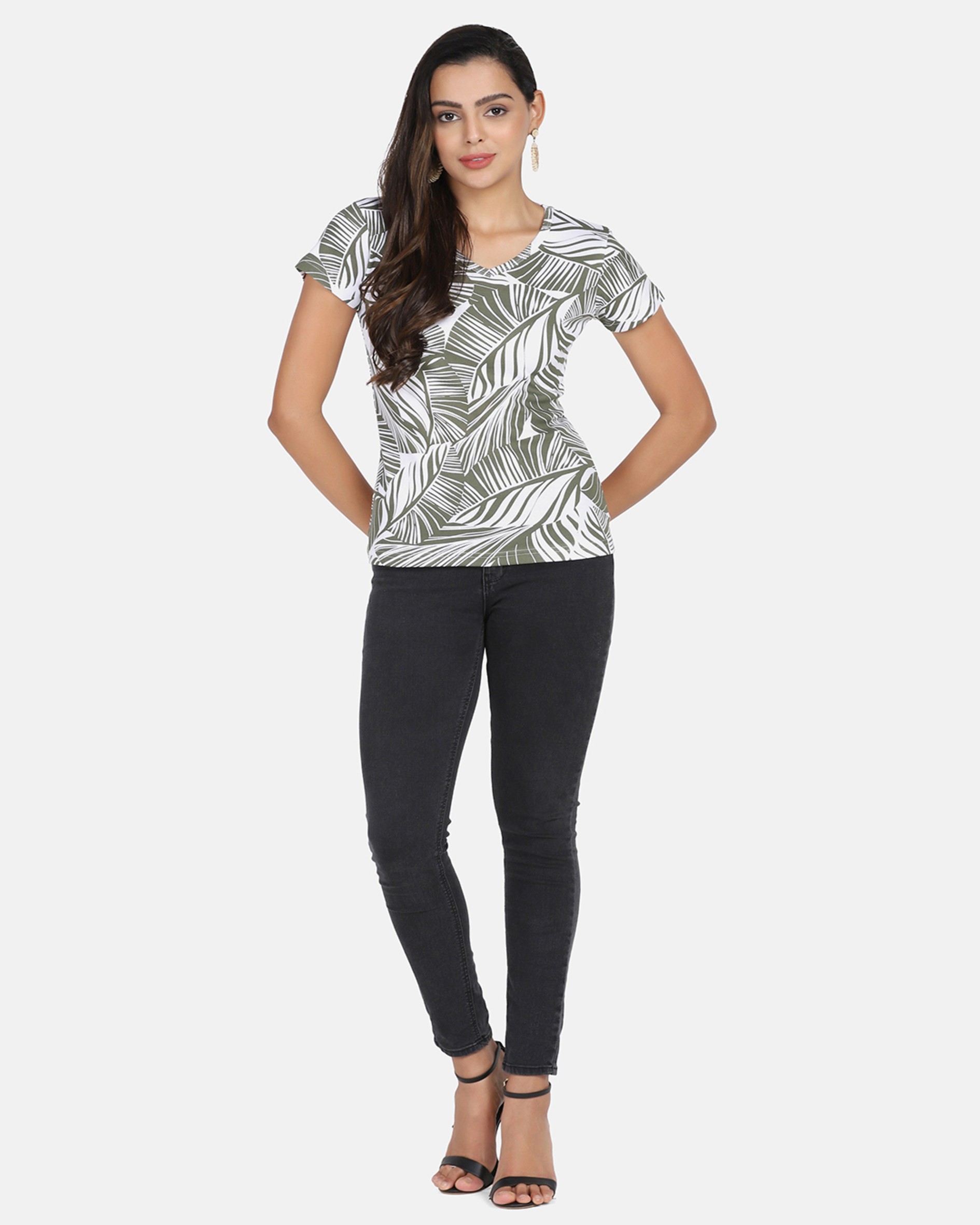 Olive Leaf Printed V Neck T Shirt 