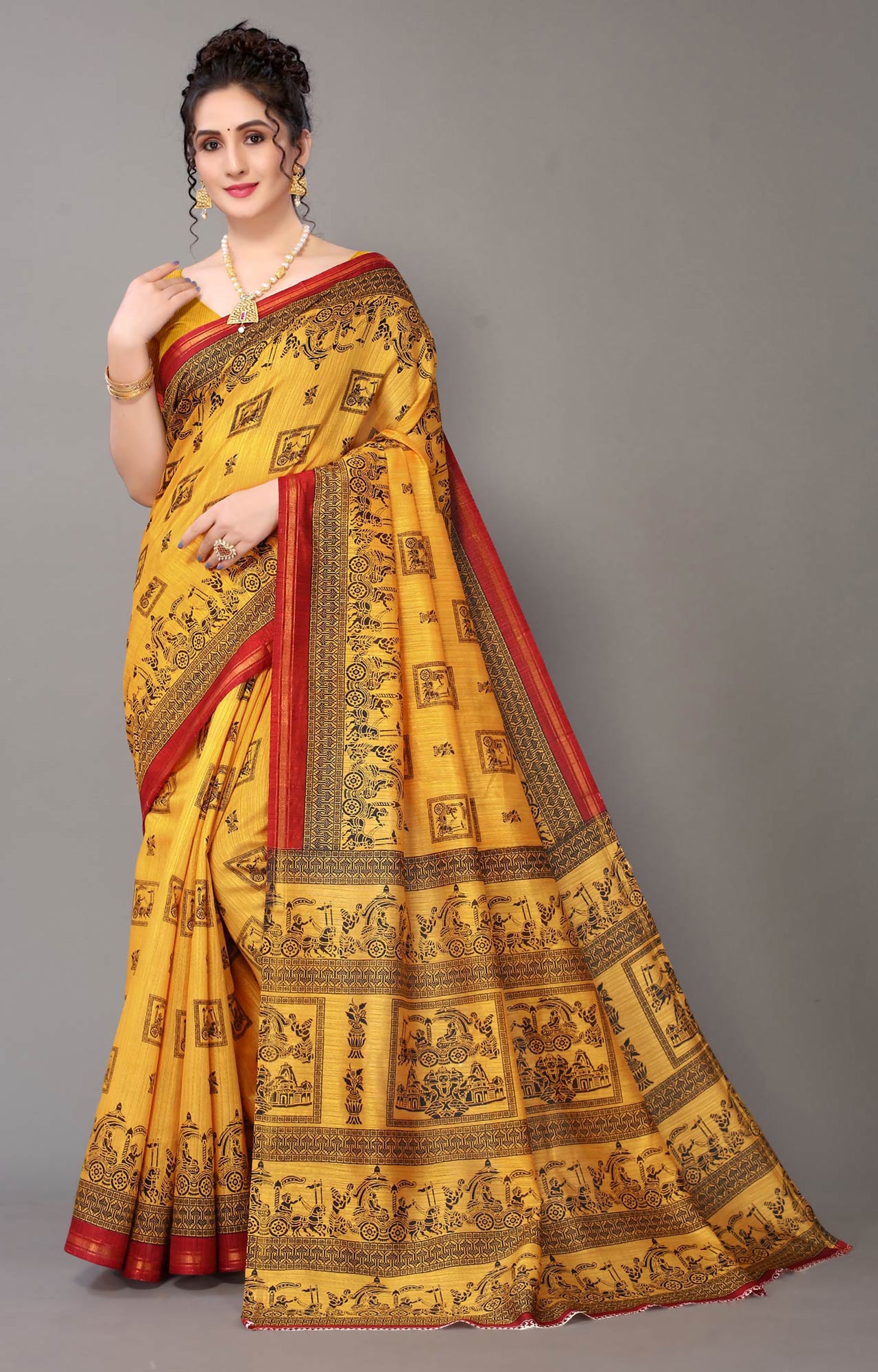 Women Daily Wear Yellow Traditional Printed Art Silk Saree - HAL29ART00113YELW