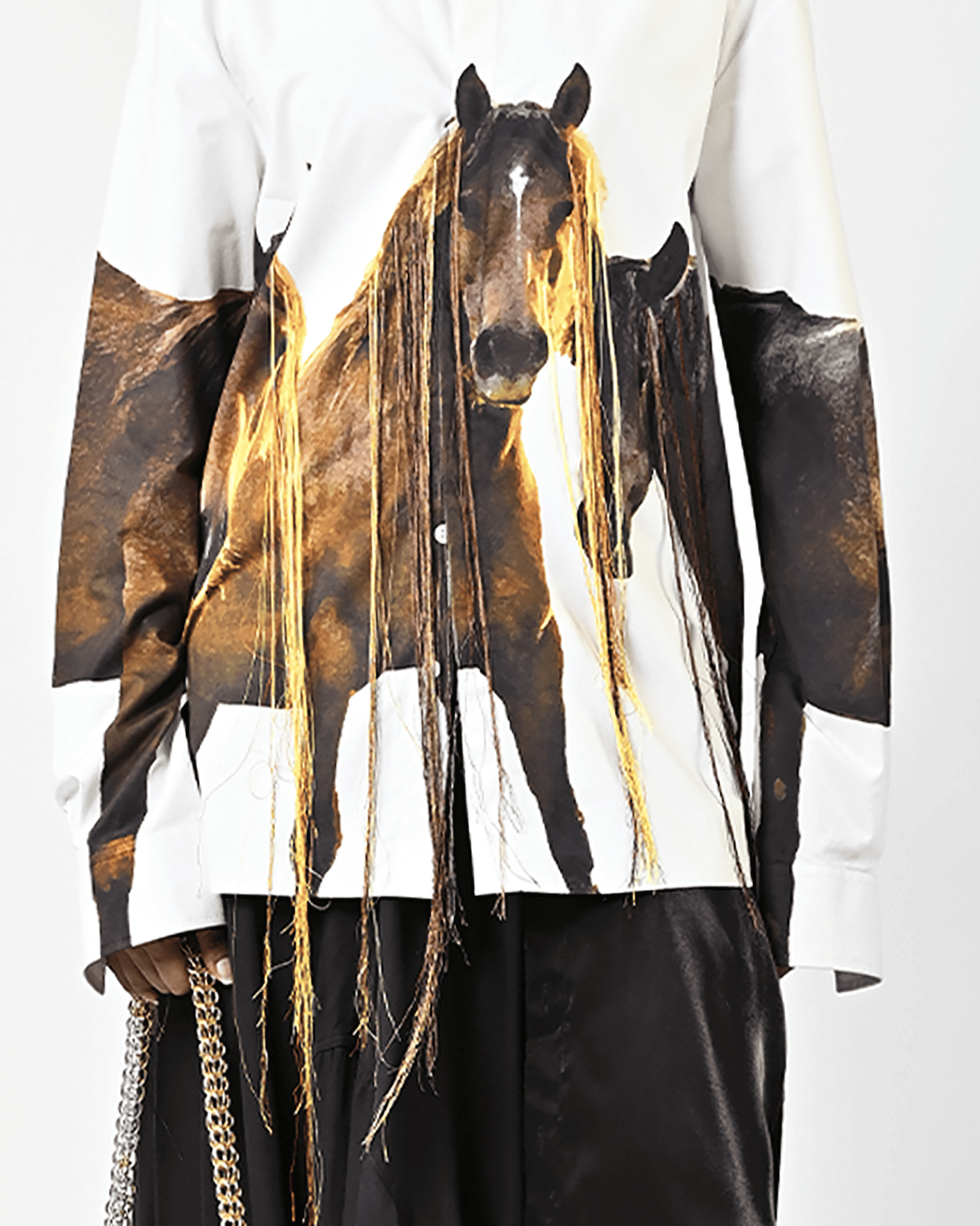 Horse Printed Cotton Shirt With Hanging Silk Threads and Synthetic Hair