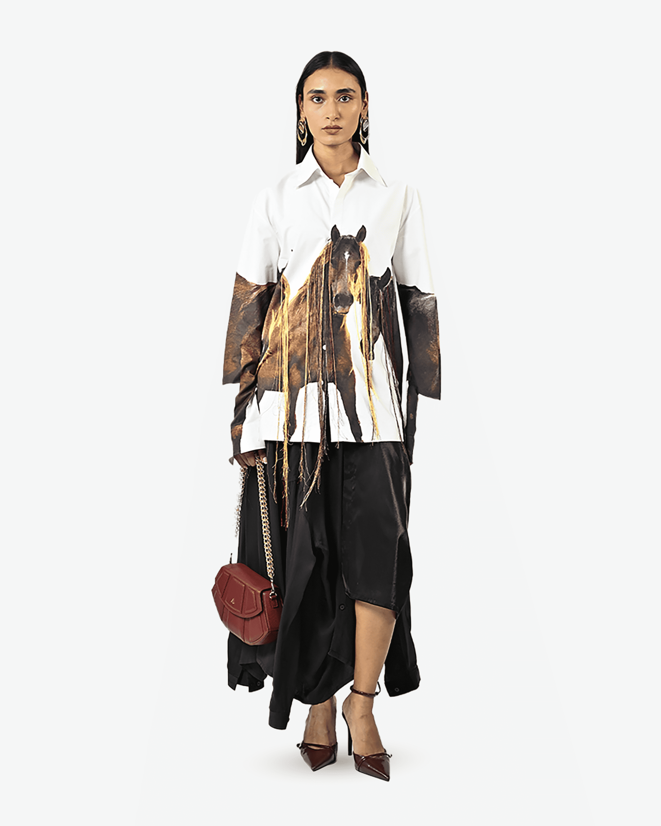 Horse Printed Cotton Shirt With Hanging Silk Threads and Synthetic Hair