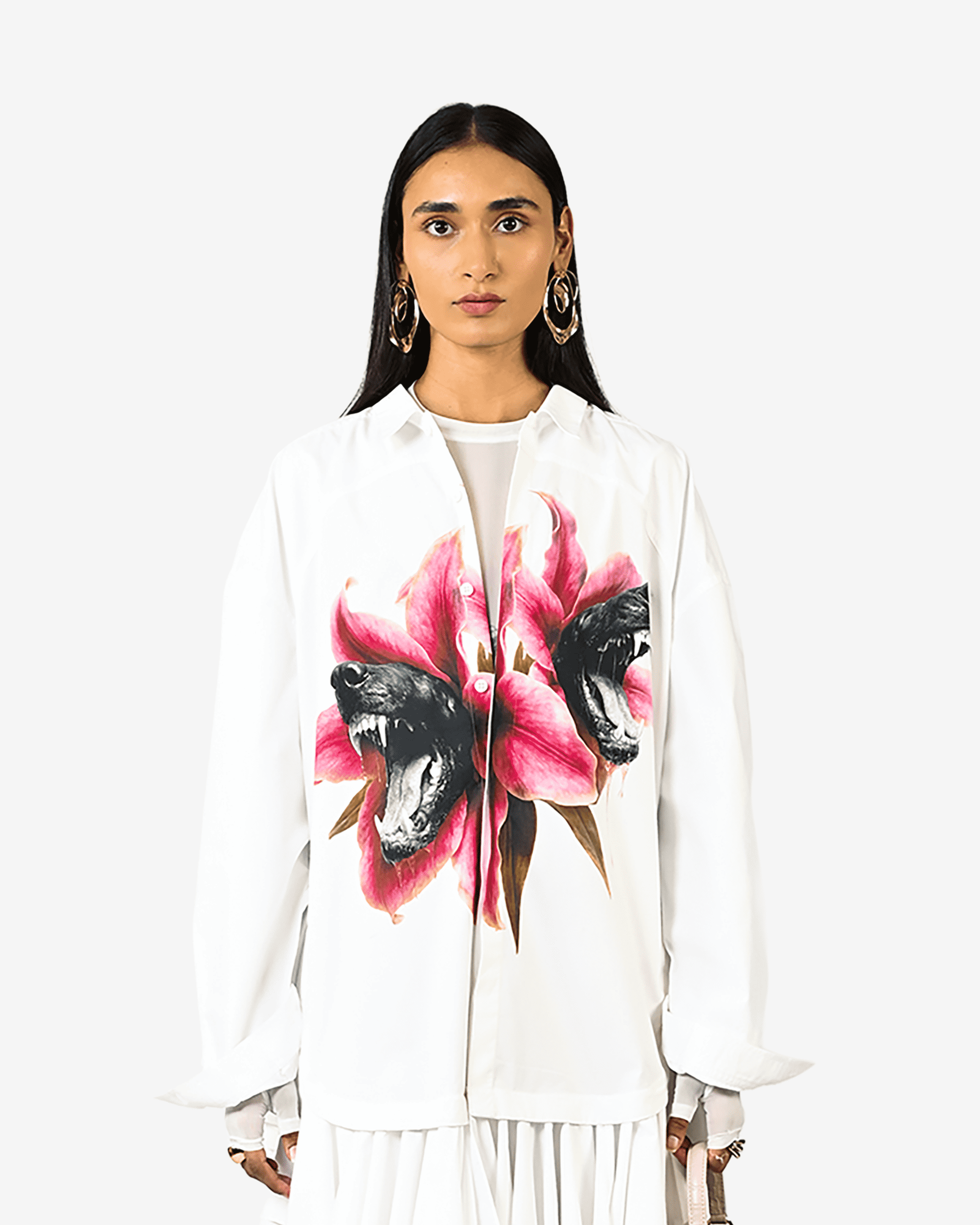 Fanged Floral Printed Ruffle-edged Shirt Dress