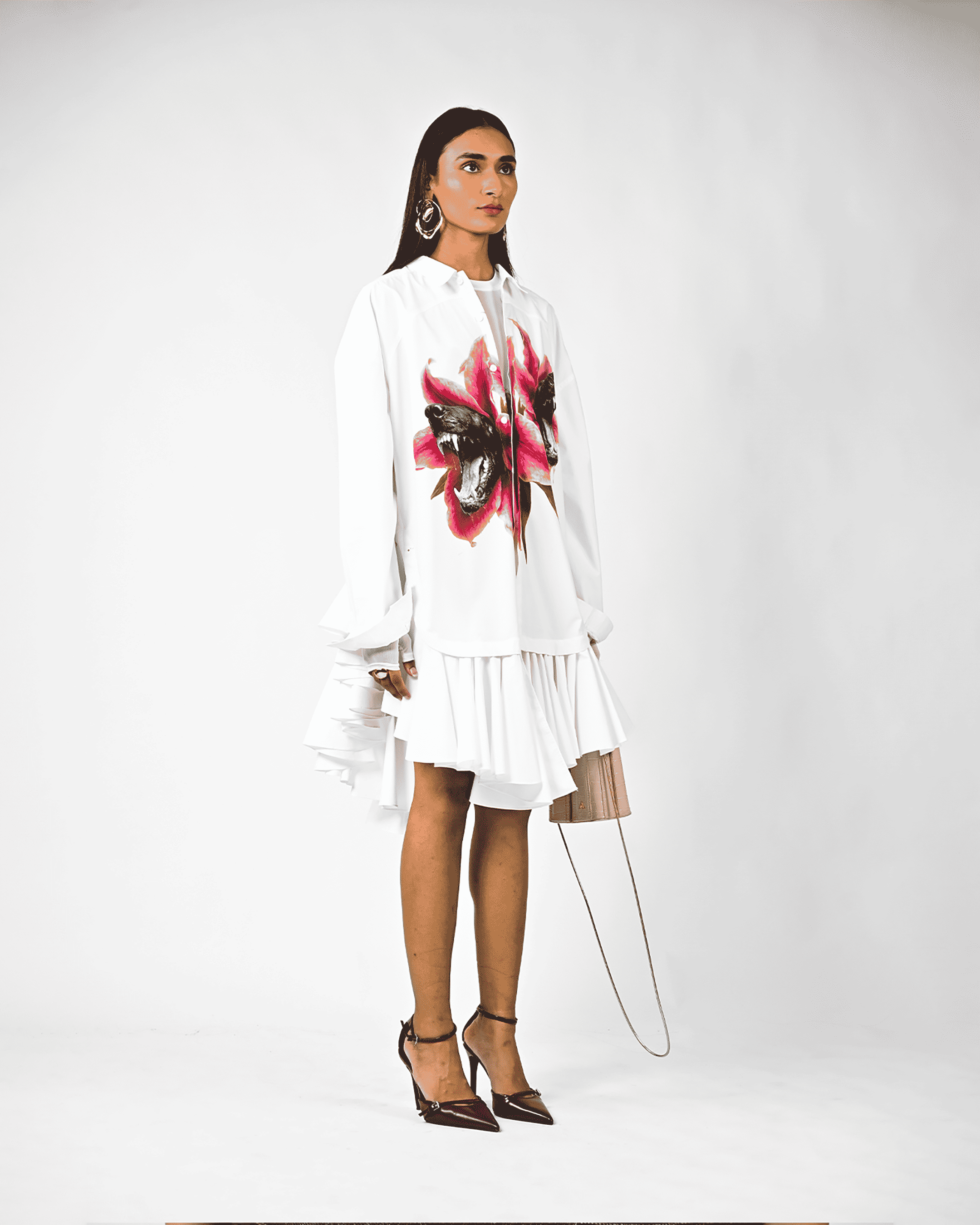 Fanged Floral Printed Ruffle-edged Shirt Dress