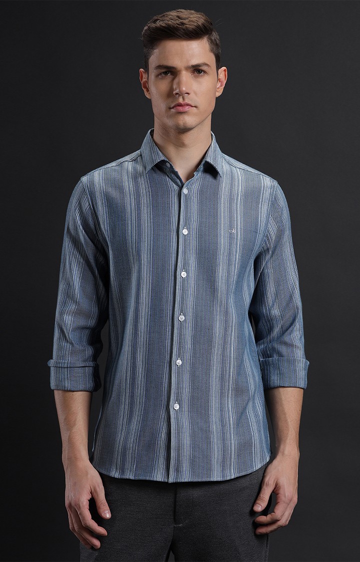 Aldeno | Men's Blue Cotton Striped Casual Shirt