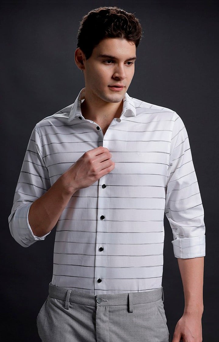 Men's White Cotton Striped Formal Shirt