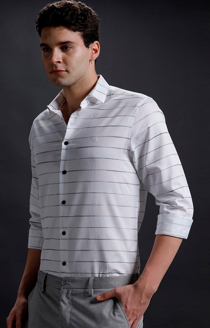 Men's White Cotton Striped Formal Shirt