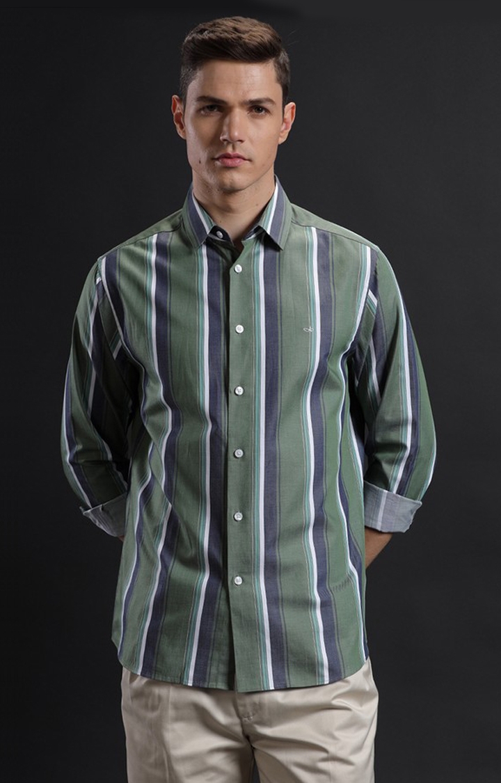 Aldeno | Men's Green Cotton Striped Casual Shirt