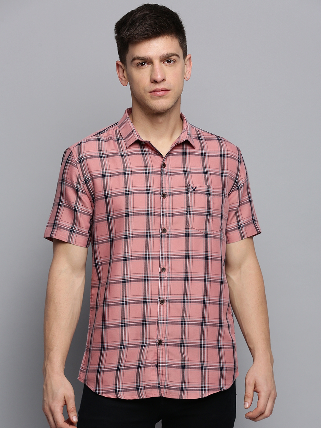 Showoff | SHOWOFF Men's Spread Collar Checked Pink Classic Shirt 1
